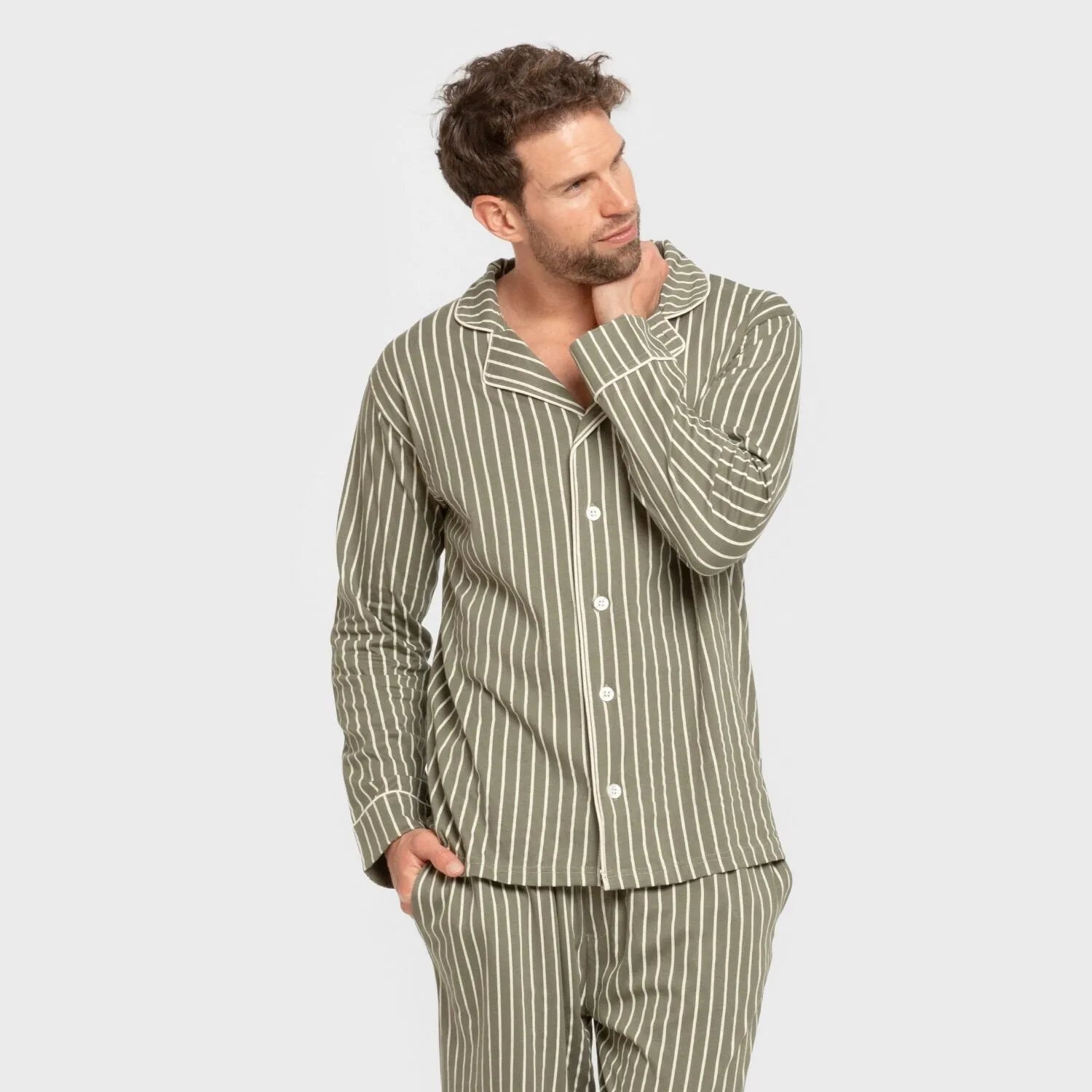 Pijama largo camisero algodón hombre Raya John verde caceria