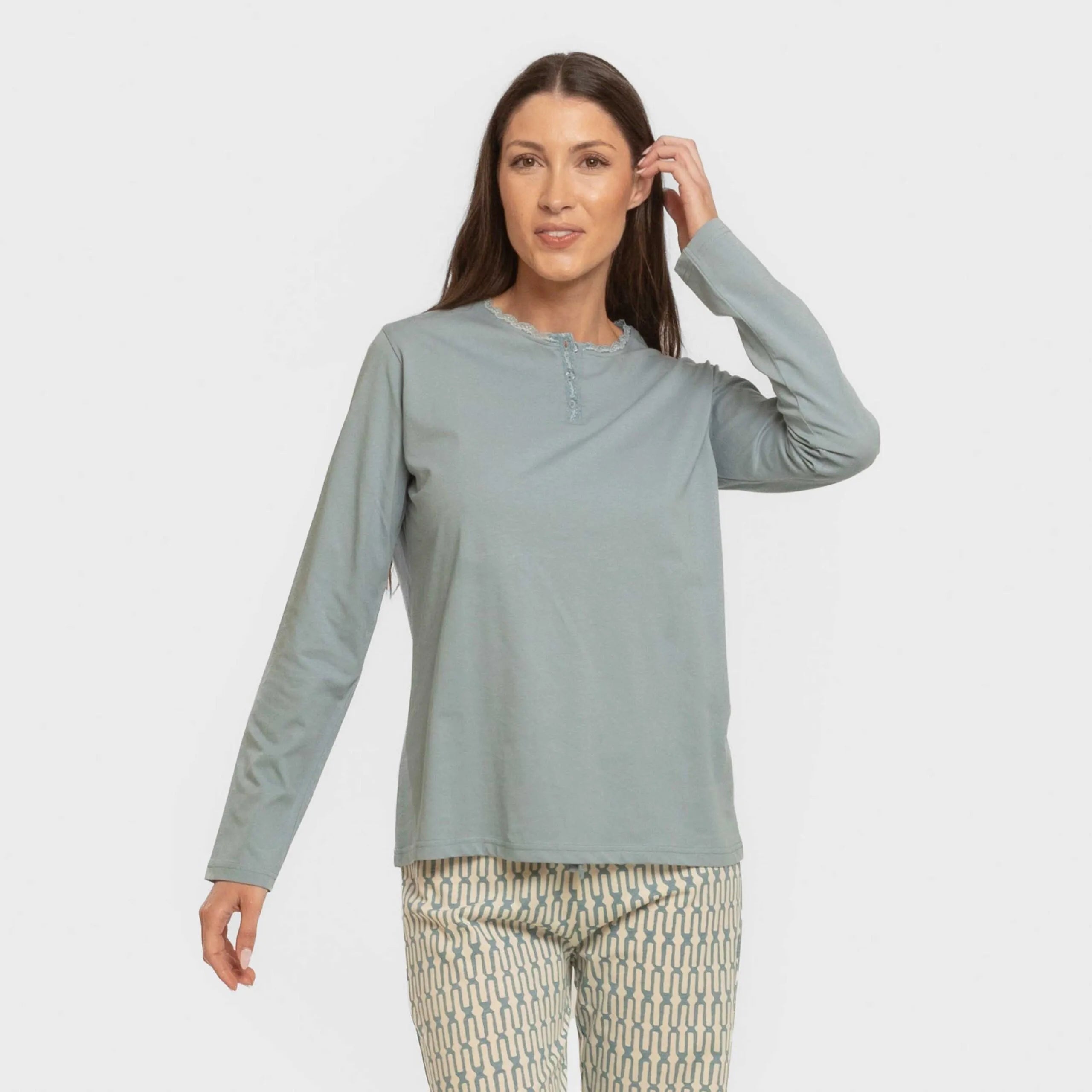 Pijama largo algodón Eucalipto celeste