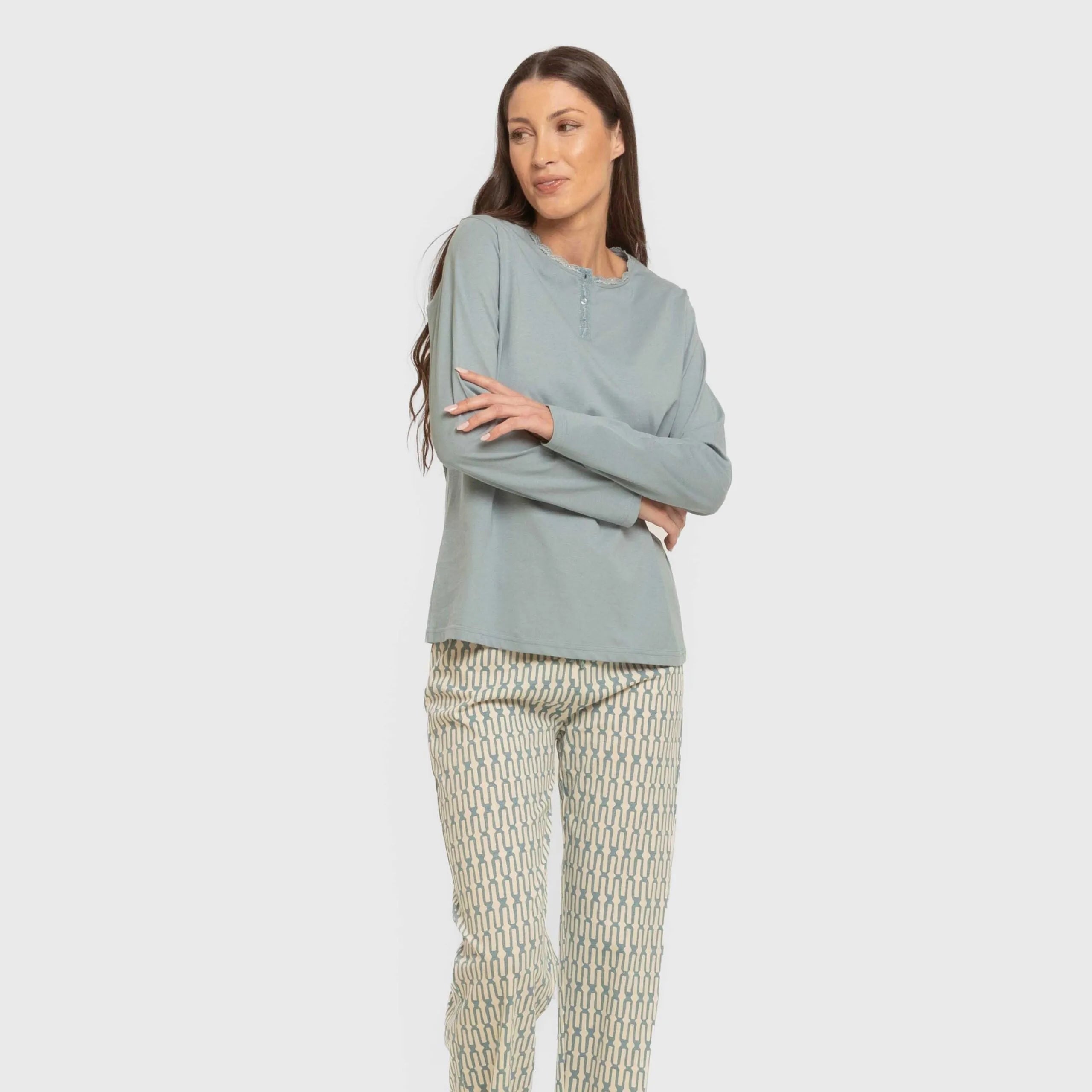 Pijama largo algodón Eucalipto celeste