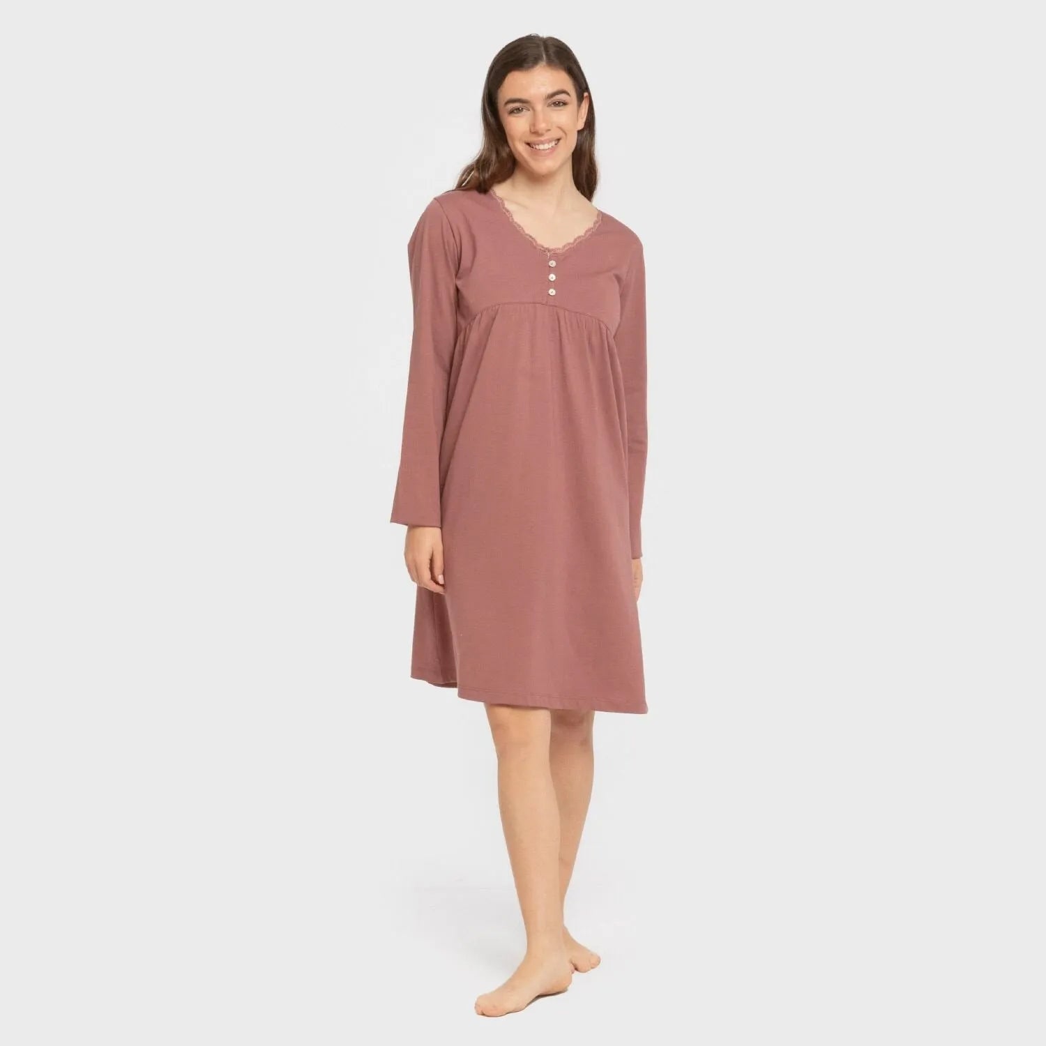 Camisón algodón manga larga encaje liso