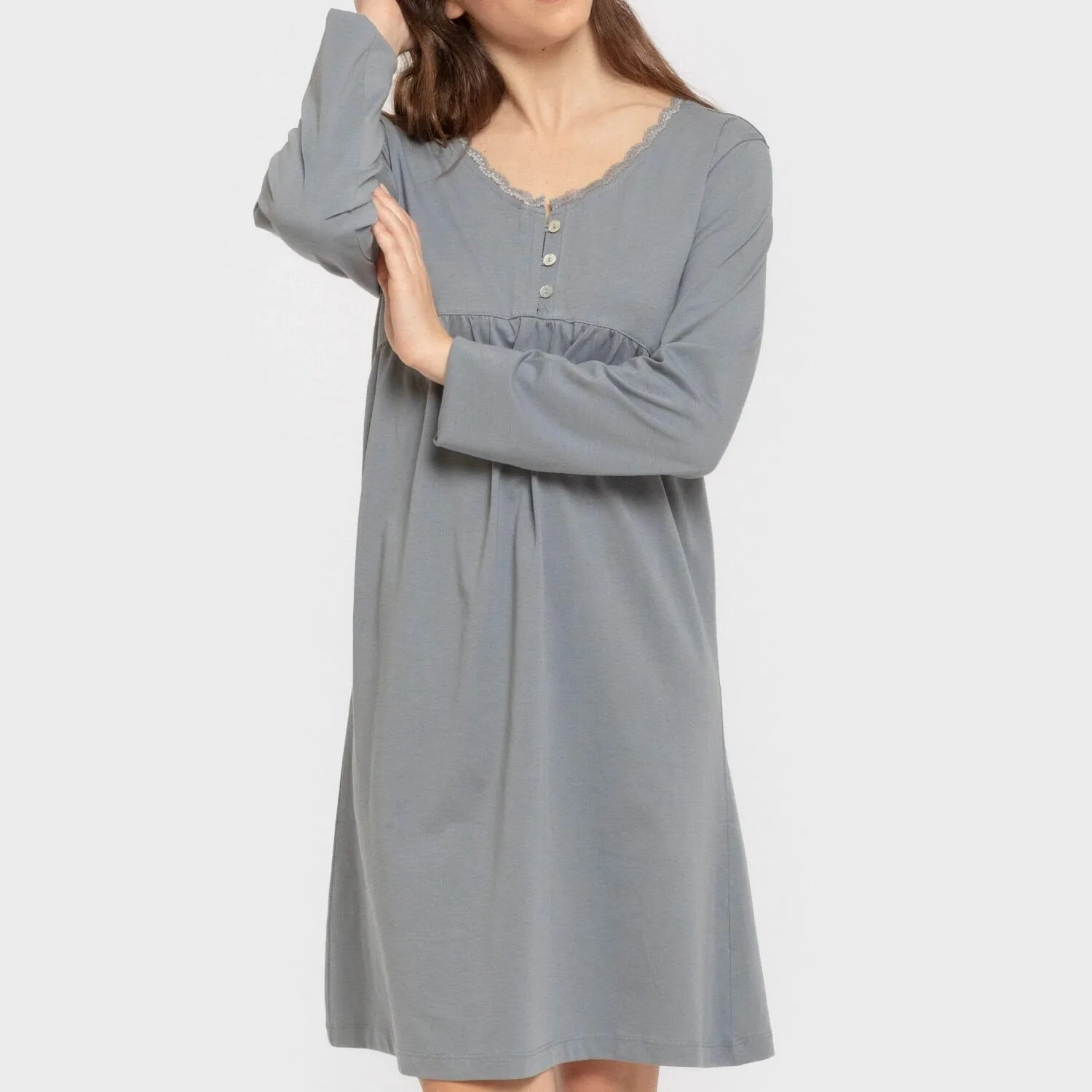 Camisón algodón manga larga encaje liso