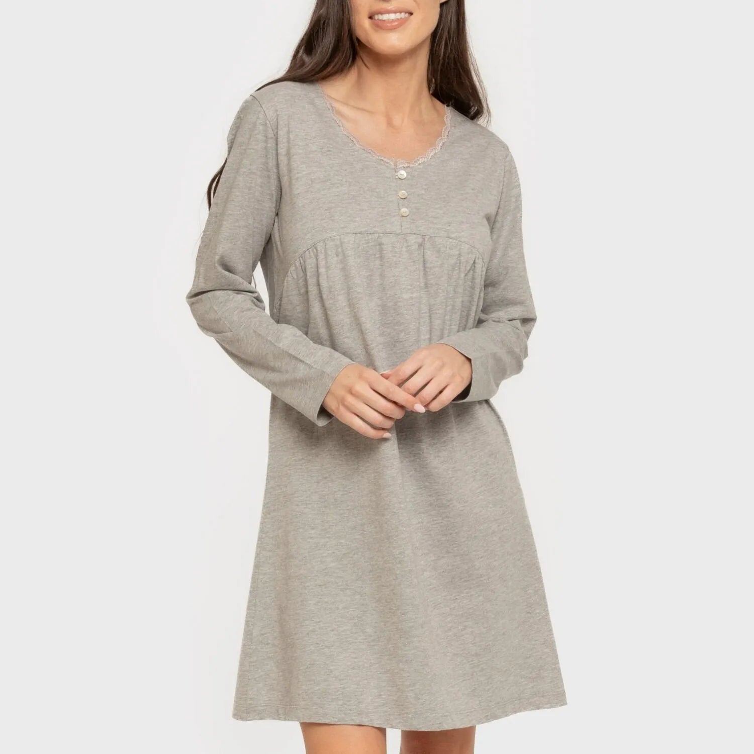 Camisón algodón manga larga encaje liso