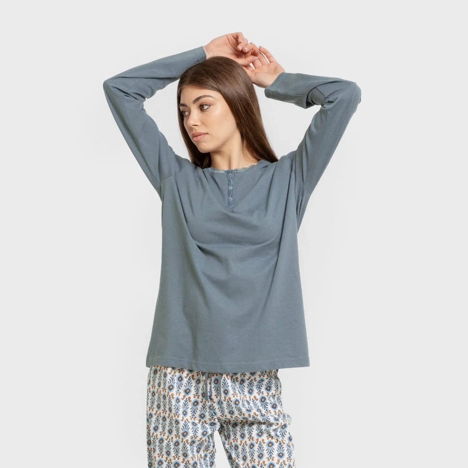 Pijama largo algodón Hibisco agua marina