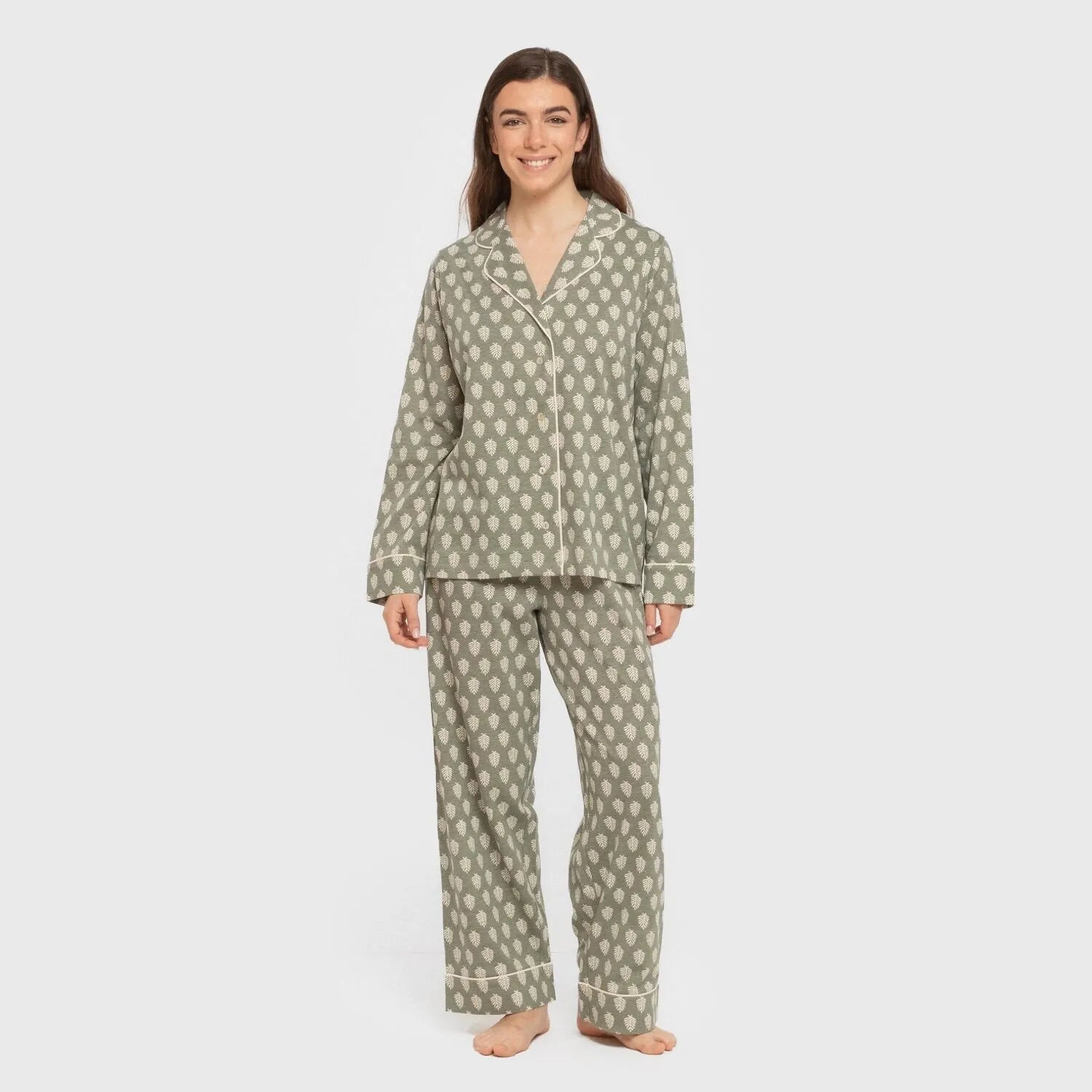 Pijama largo camisero algodón mujer Soma verde seco