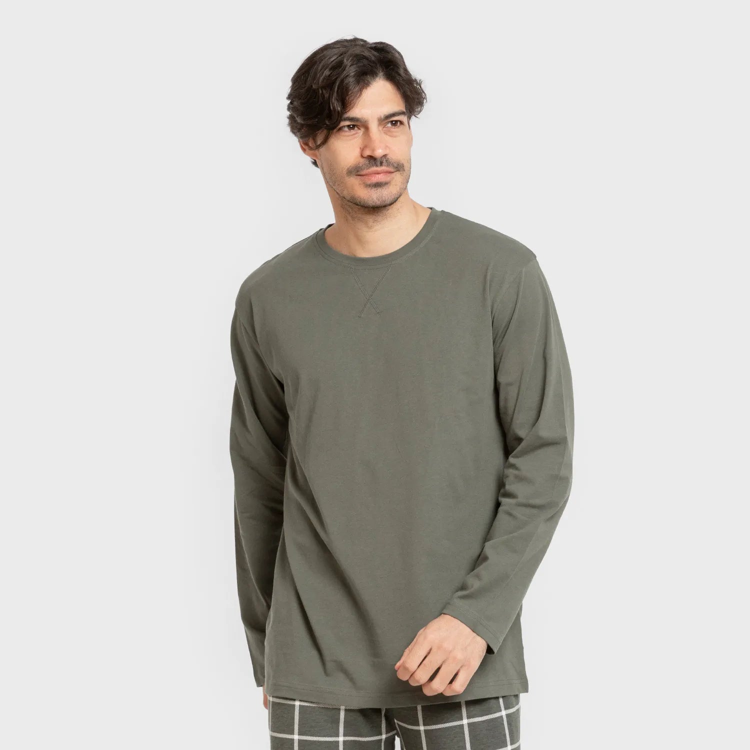 Pijama comprido masculino de algodão, xadrez verde andino para caça.