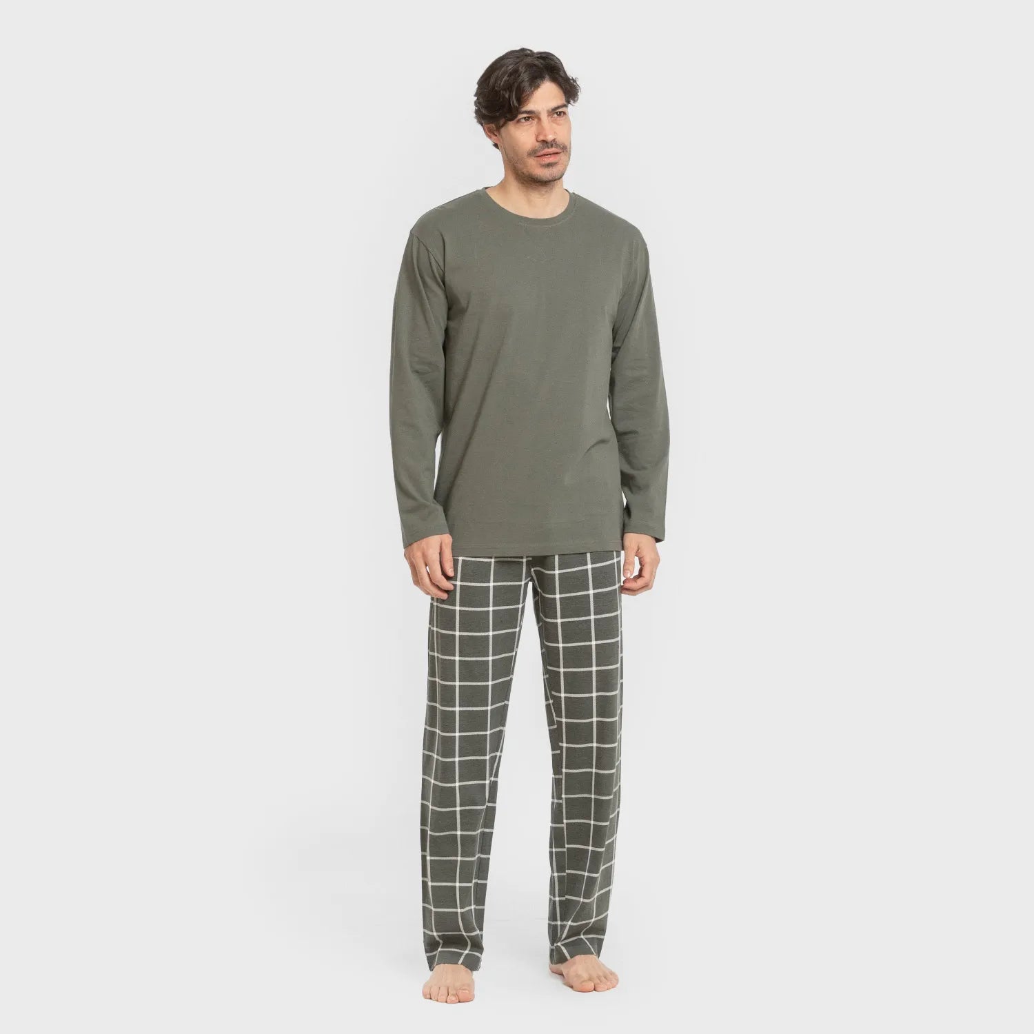 Pijama comprido masculino de algodão, xadrez verde andino para caça.