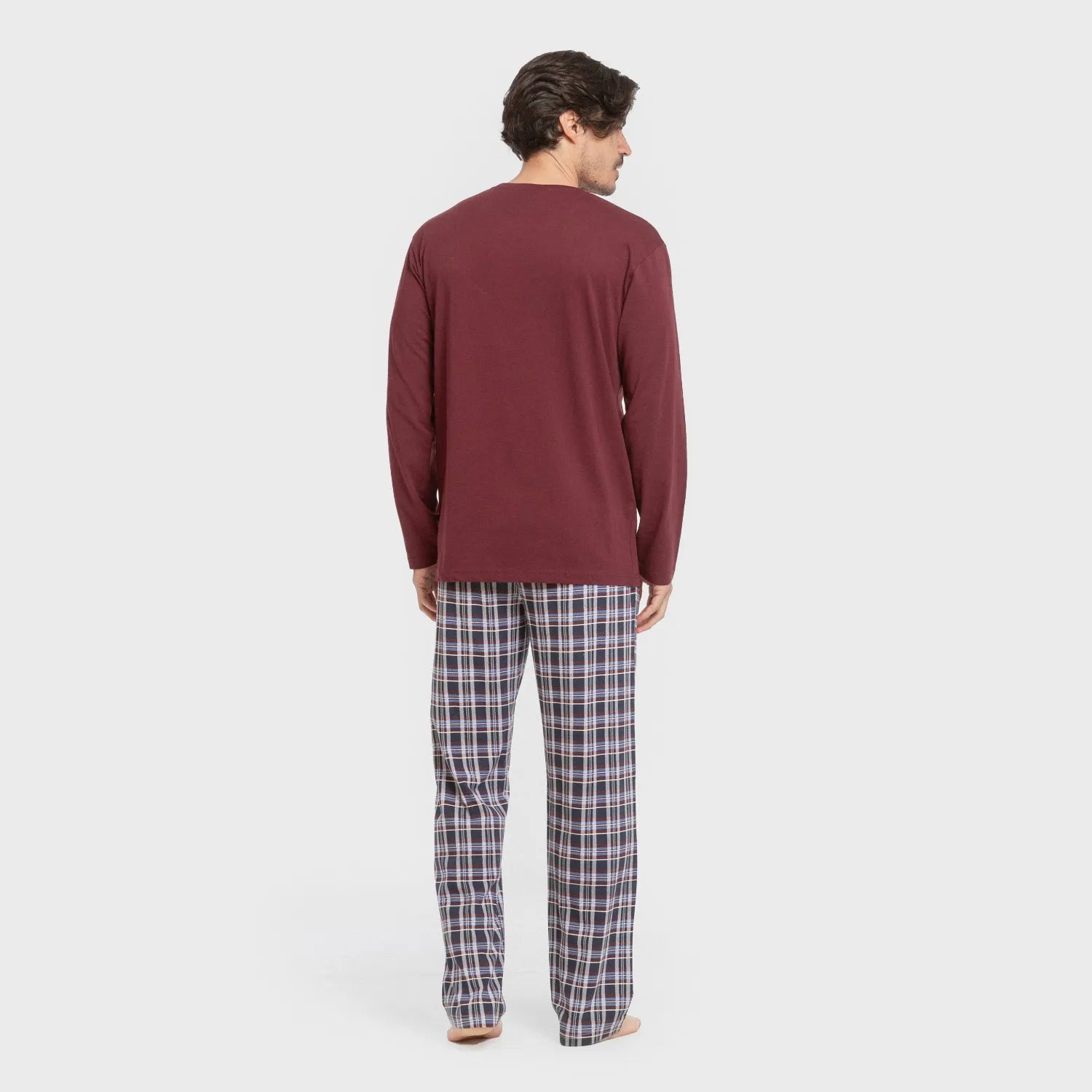 Pijama largo algodón hombre Cuadro Edison burdeos