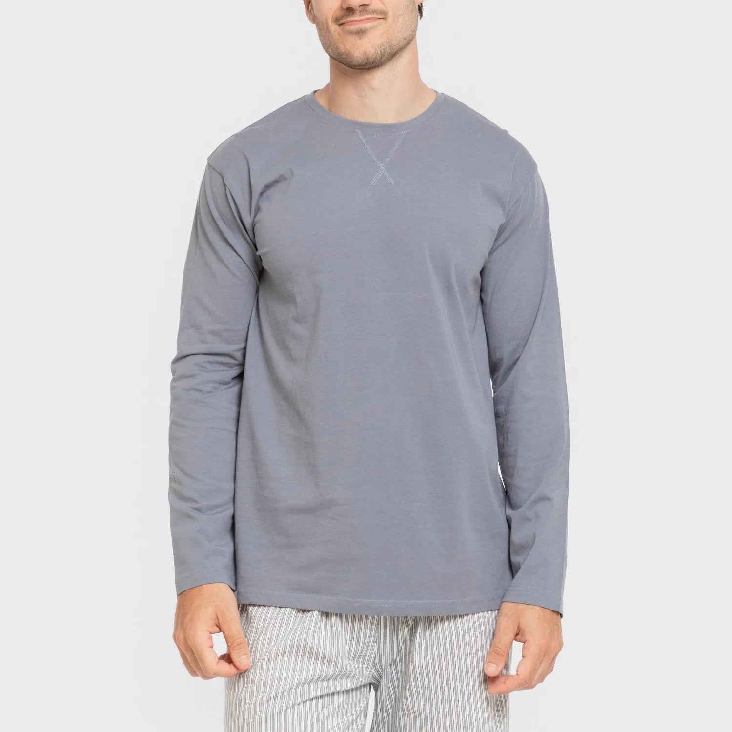 Pijama comprido masculino de algodão, modelo Ben, listrado azul.