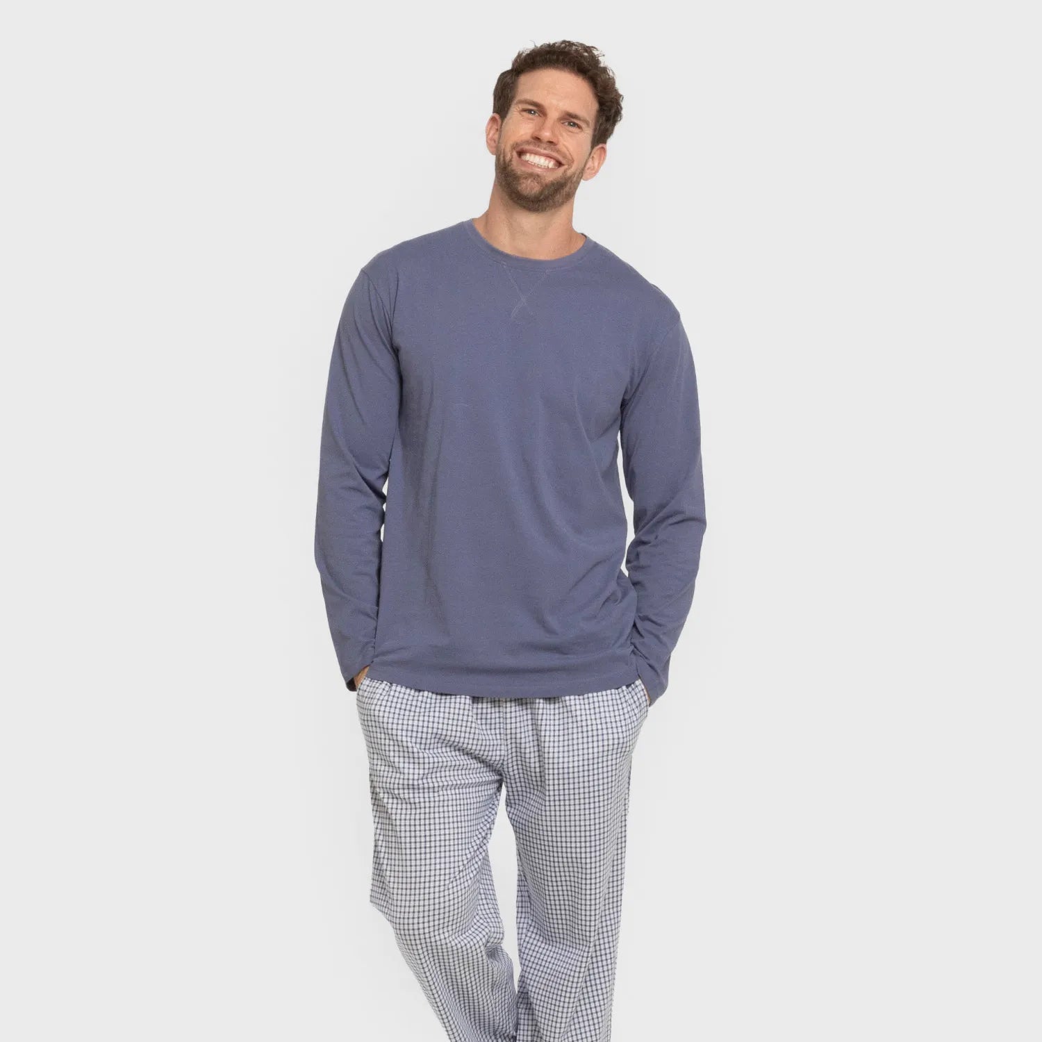 Pijama largo algodón hombre Cuadro Saul azul