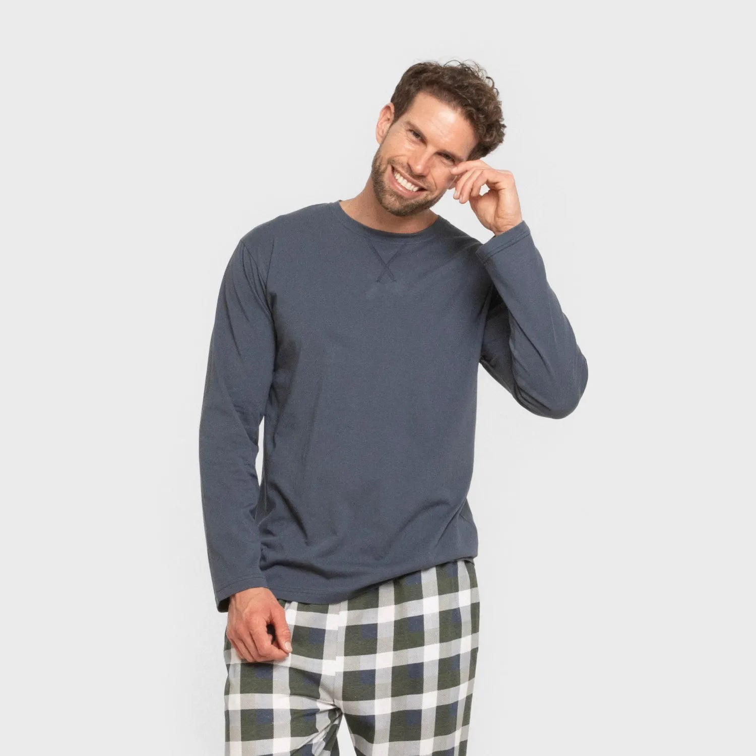 Pijama largo algodón hombre Cuadro Ferni azul marino