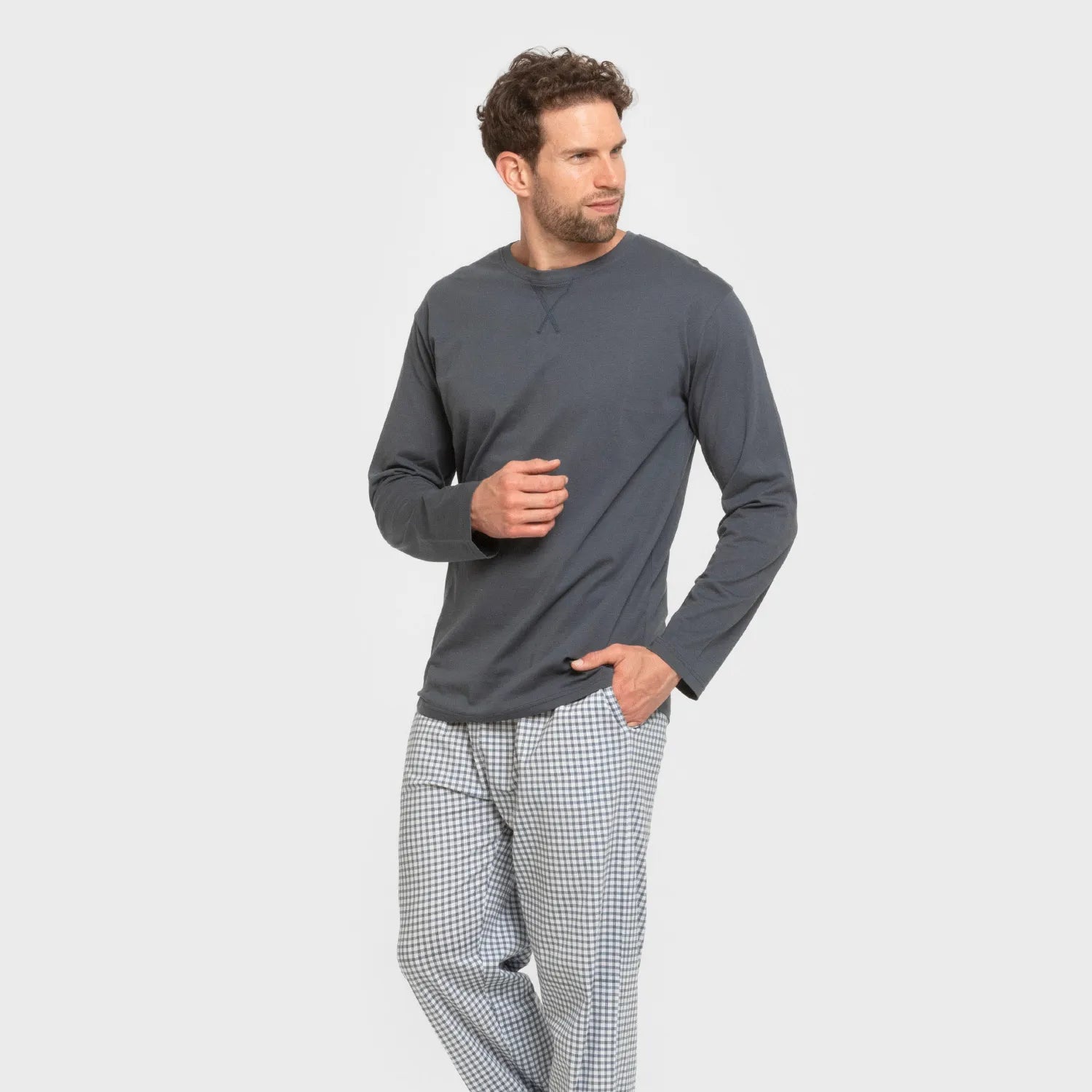 Pijama largo algodón hombre Cuadro Edmund azul