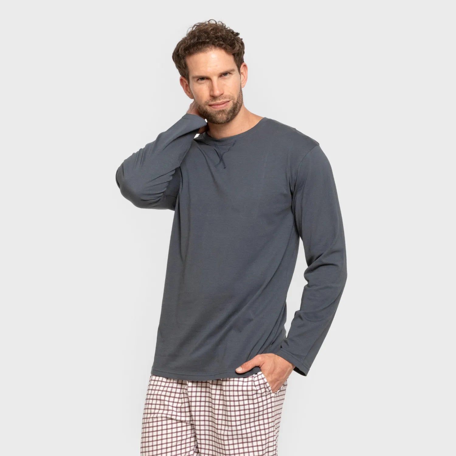 Pijama largo algodón hombre Cuadro Michael azul