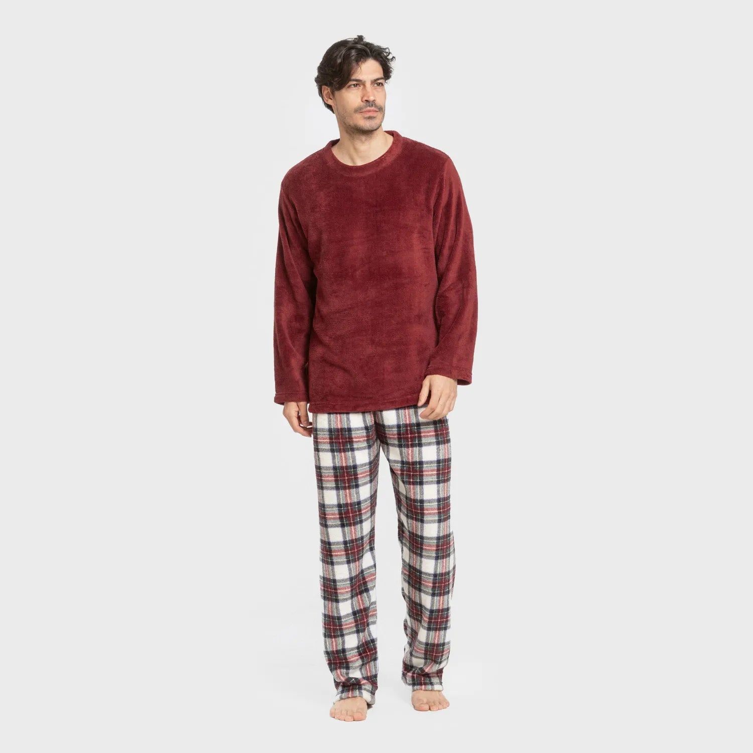 Pijama masculino de fleece coral, estampa xadrez bordô Celestia