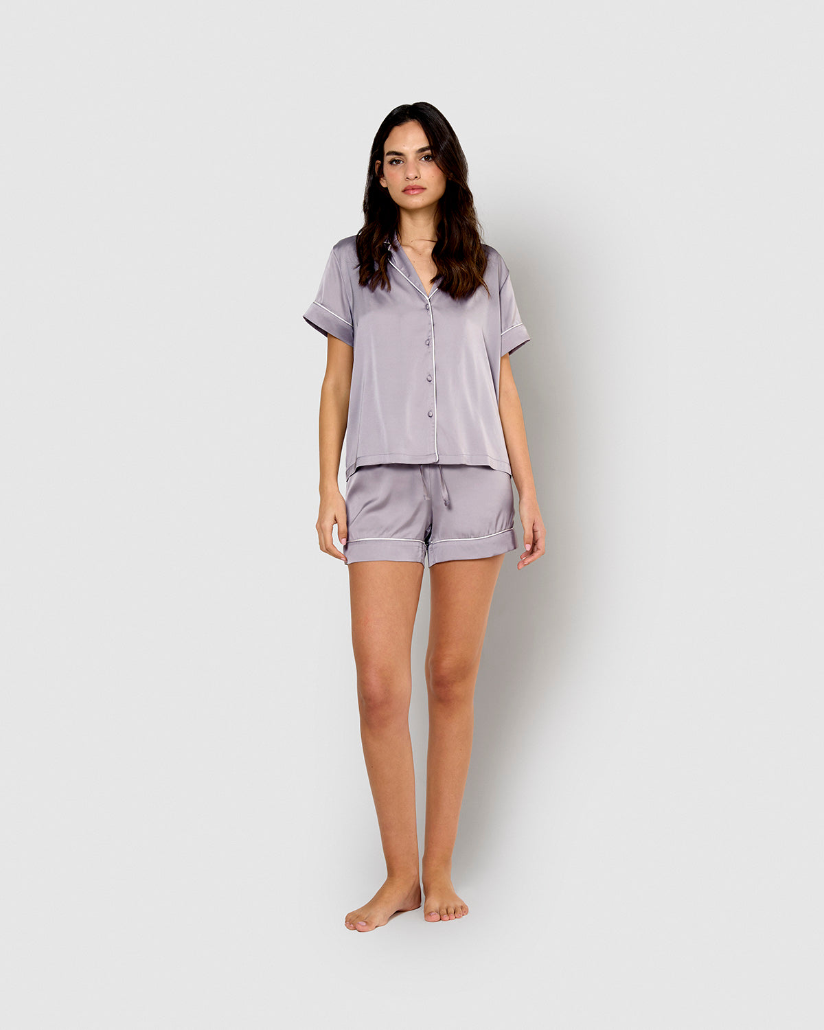 Short-sleeved satin pajamas, plain indigo, Friday
