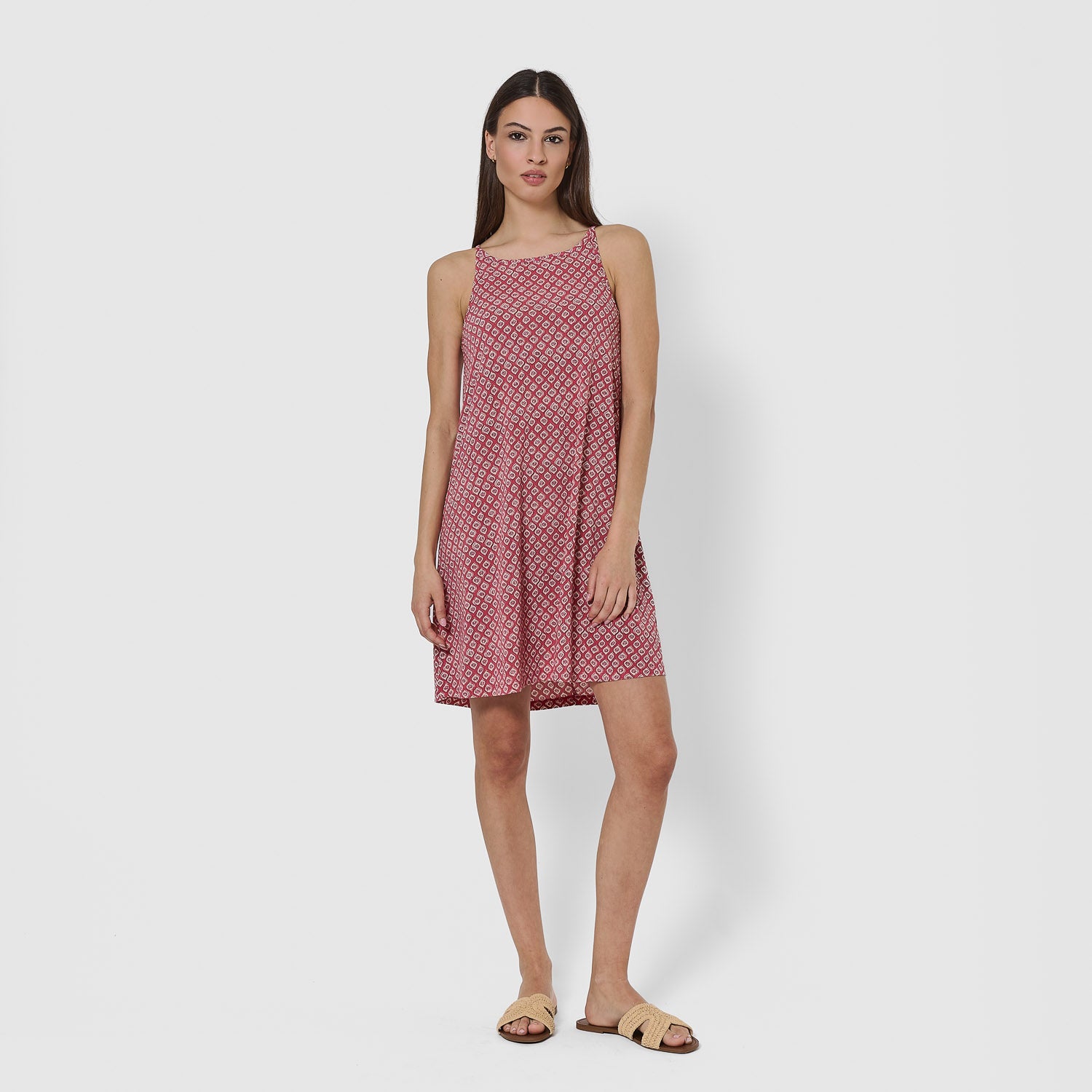 Vestido corto tirantes crepe Neville fresa