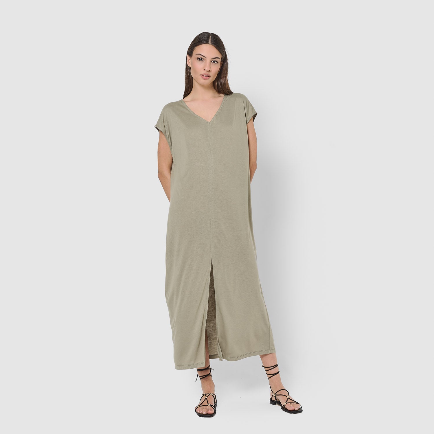 Vestido largo manga fluida viscosa liso