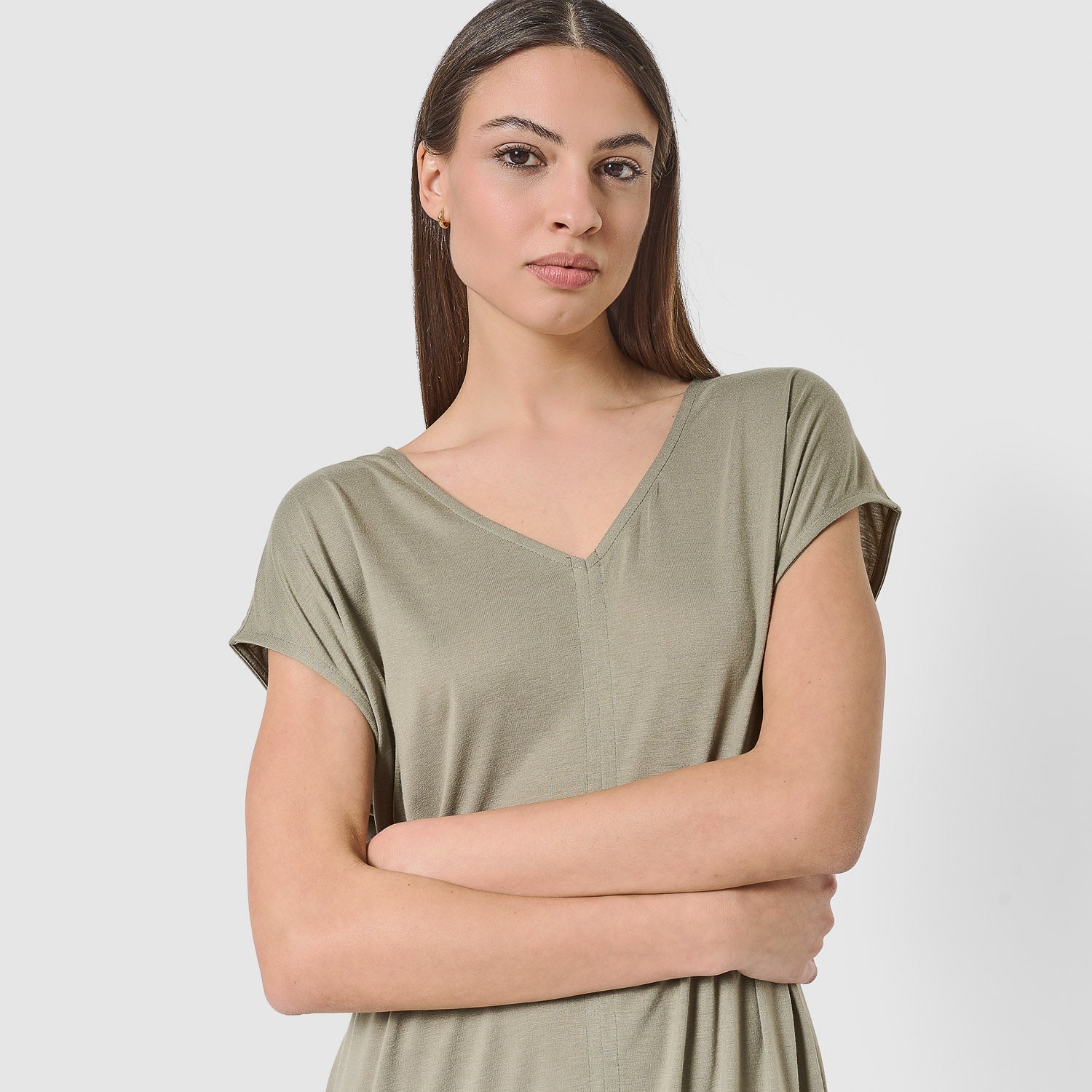 Vestido largo manga fluida viscosa liso