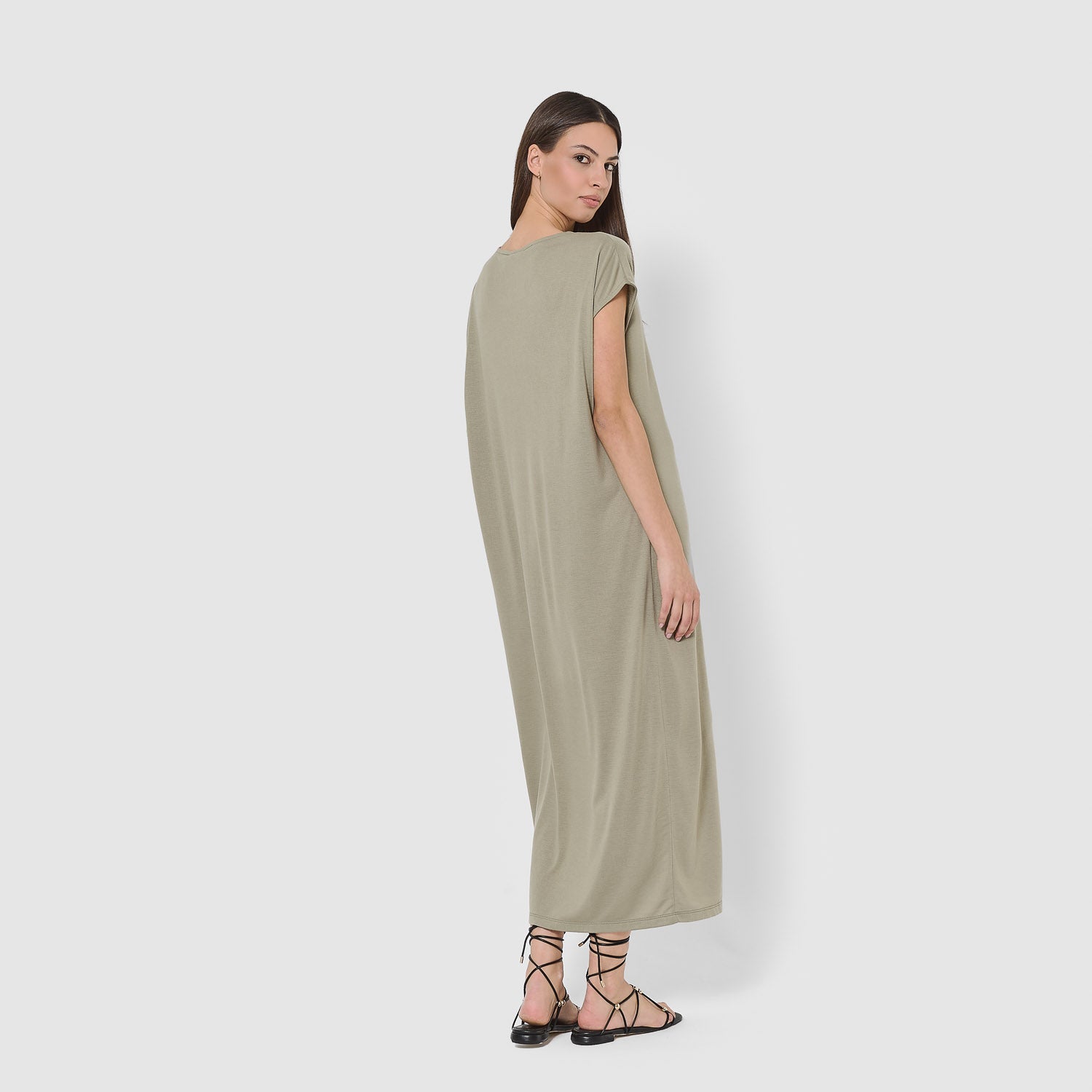 Vestido largo manga fluida viscosa liso