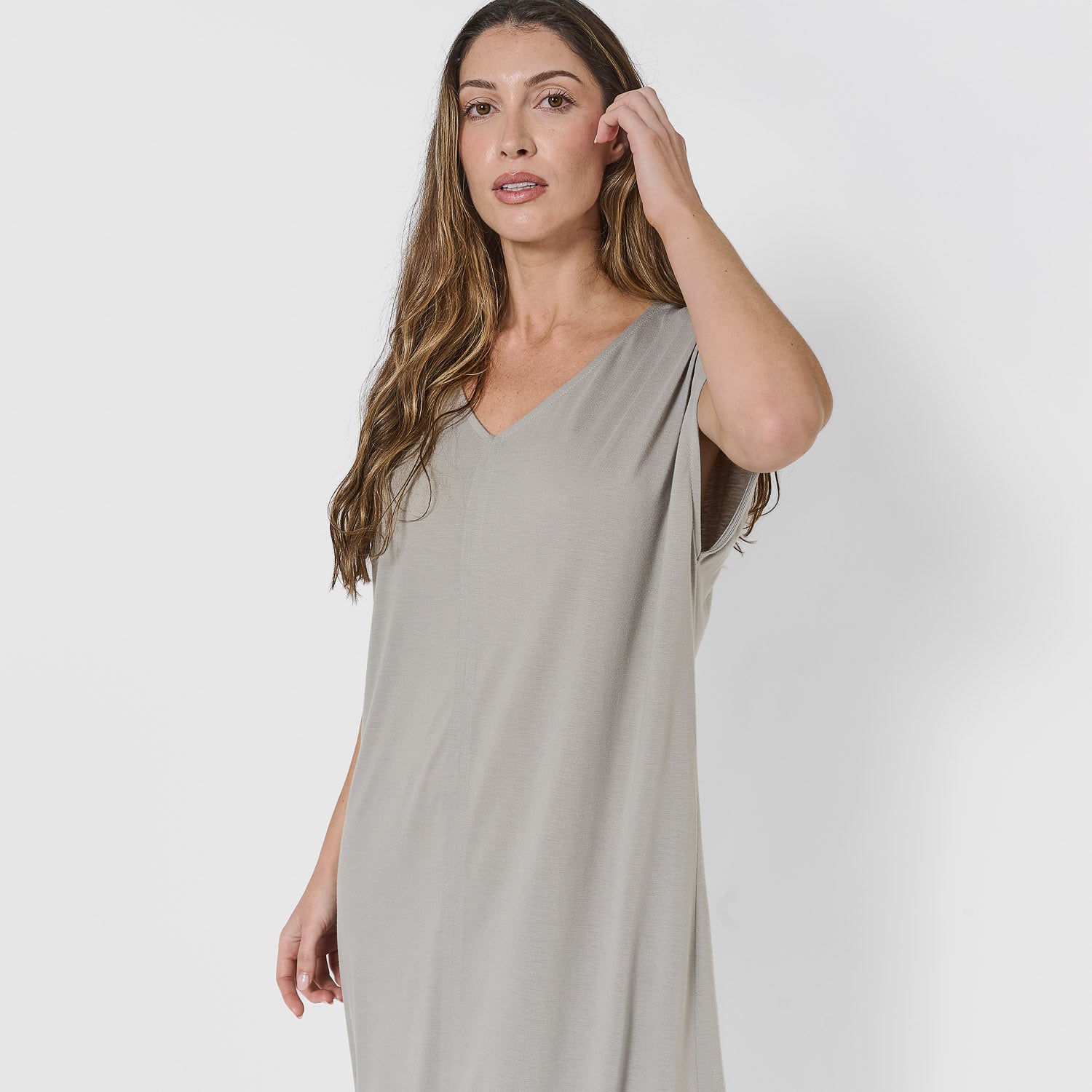 Vestido largo manga fluida viscosa liso