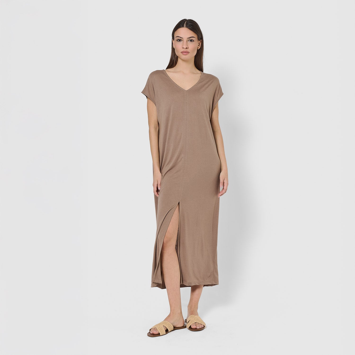 Vestido largo manga fluida viscosa liso