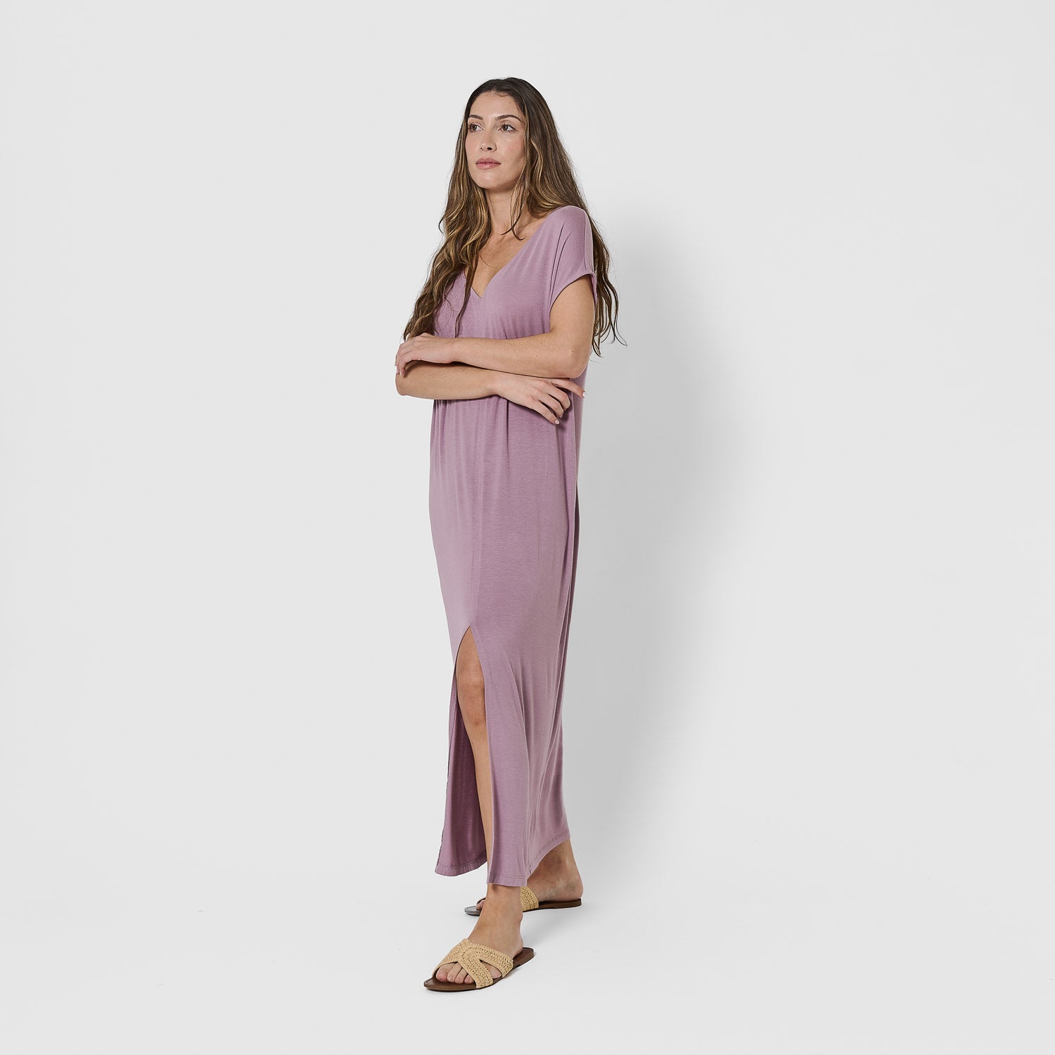 Vestito lungo con manica fluida in viscosa tinta unita