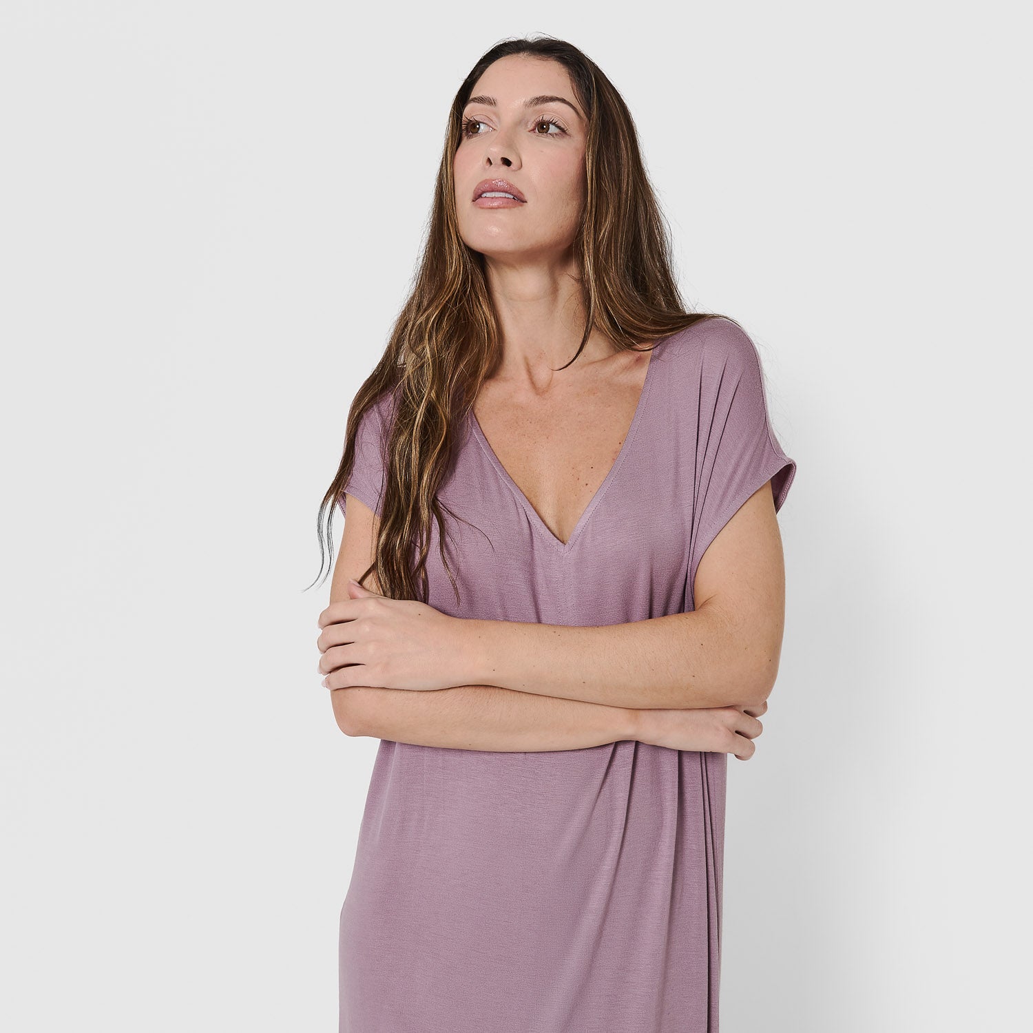 Vestito lungo con manica fluida in viscosa tinta unita