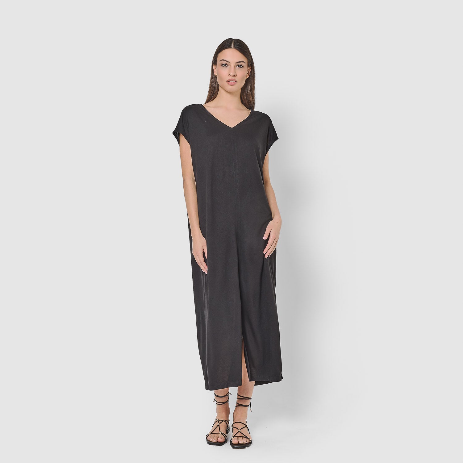 Vestido largo manga fluida viscosa liso