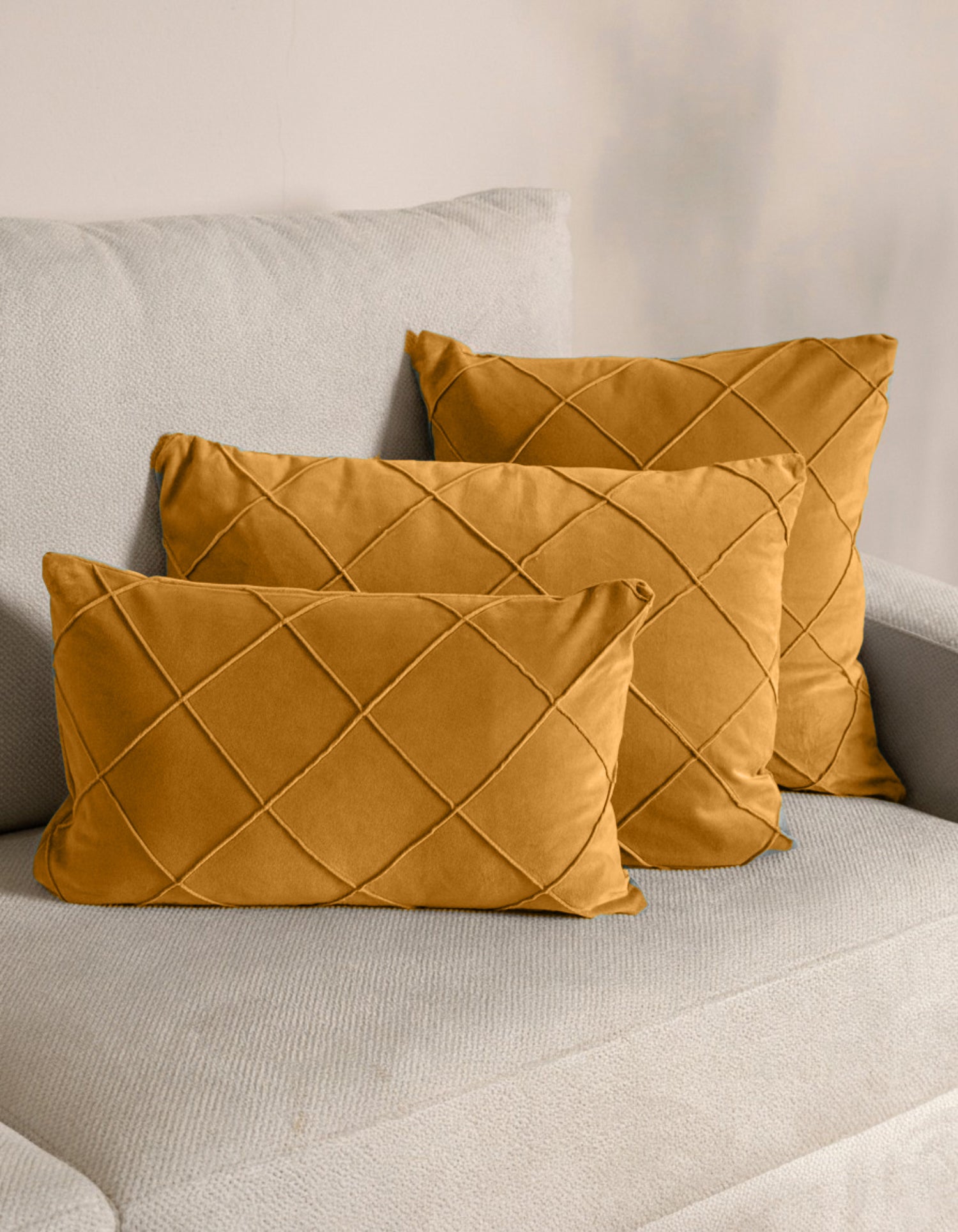 Cotton velvet cushion, diamond pattern, ochre