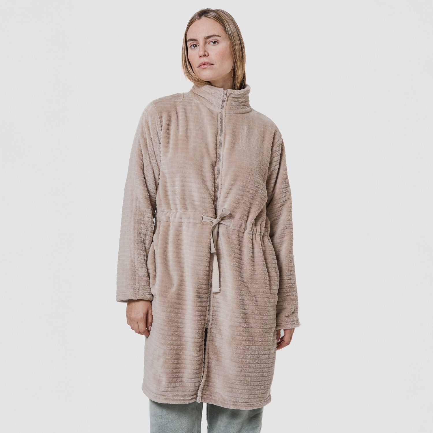 dresses in beige color Beige Striped Velvet Dressing Gown with Zipper – Tramas+