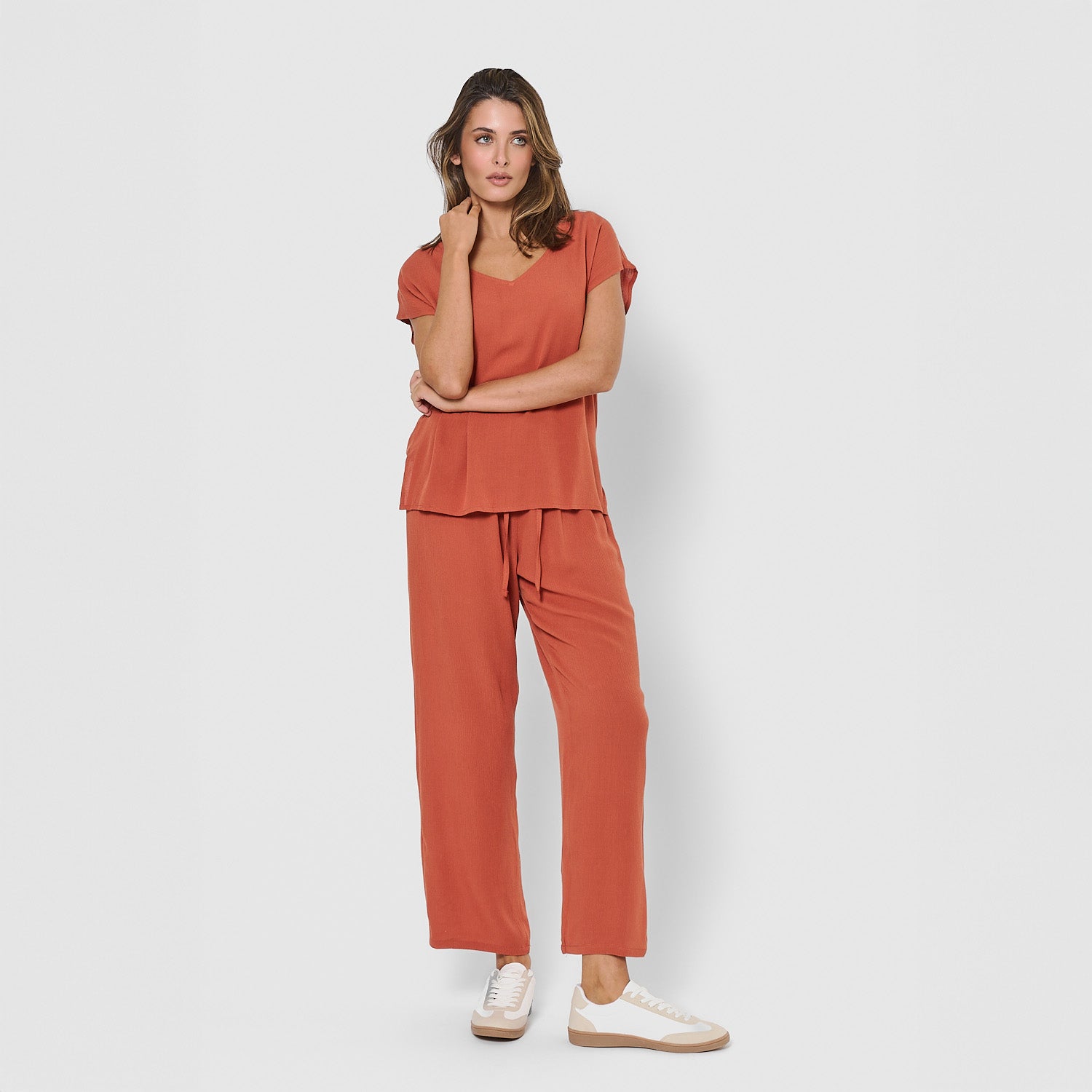 Pantalón largo de mujer de viscosa bambula teja