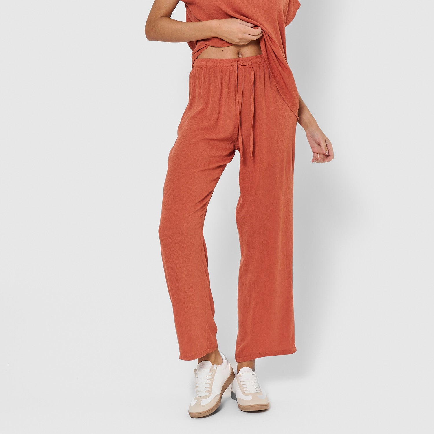 Pantalón largo de mujer de viscosa bambula teja