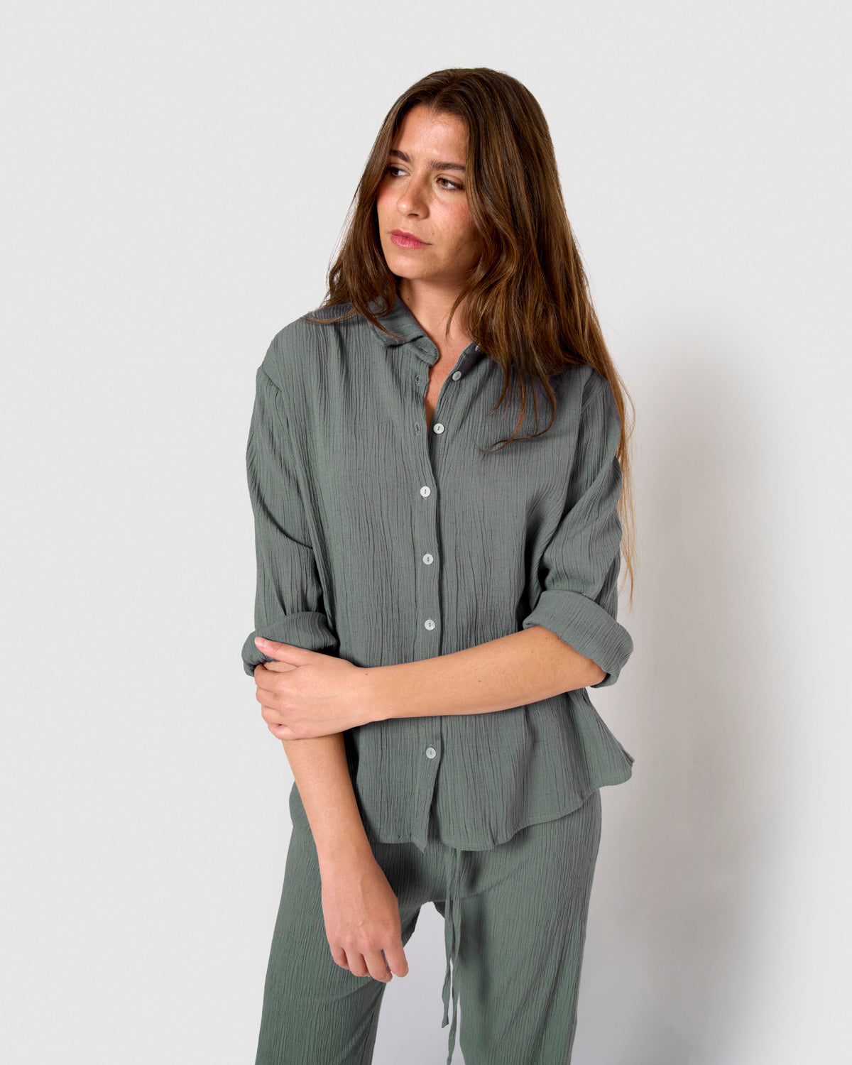 Camisa algodón lino verde azulado