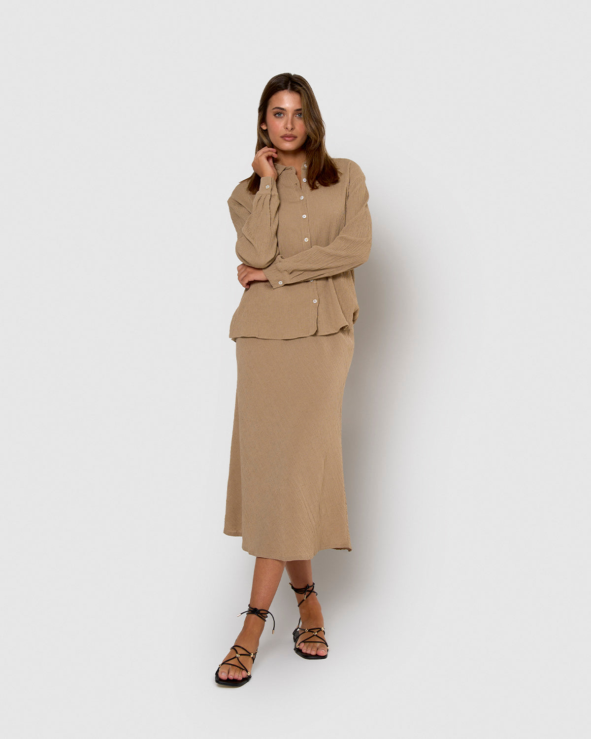 Falda midi evasé algodón lino cuerda