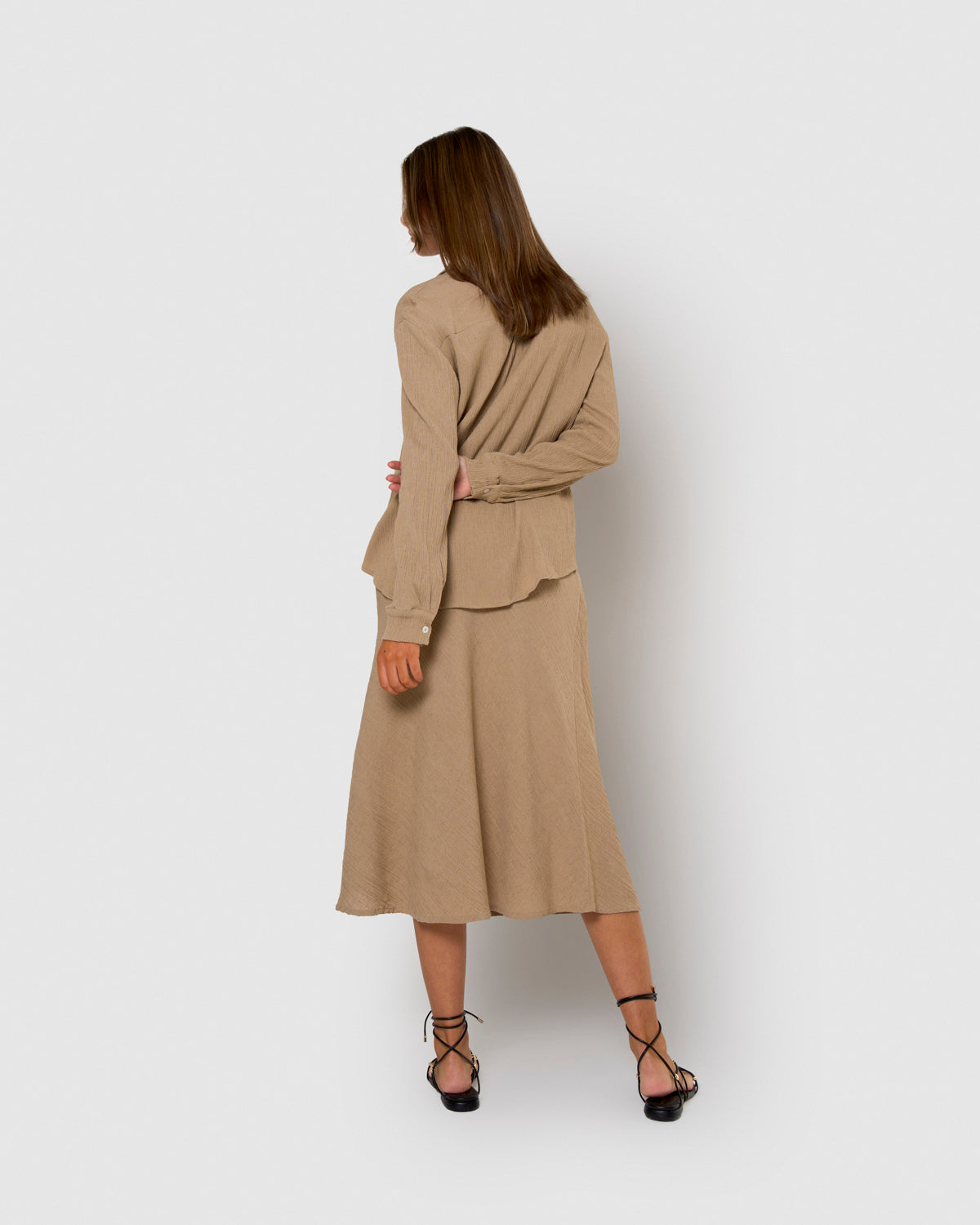 Falda midi evasé algodón lino cuerda