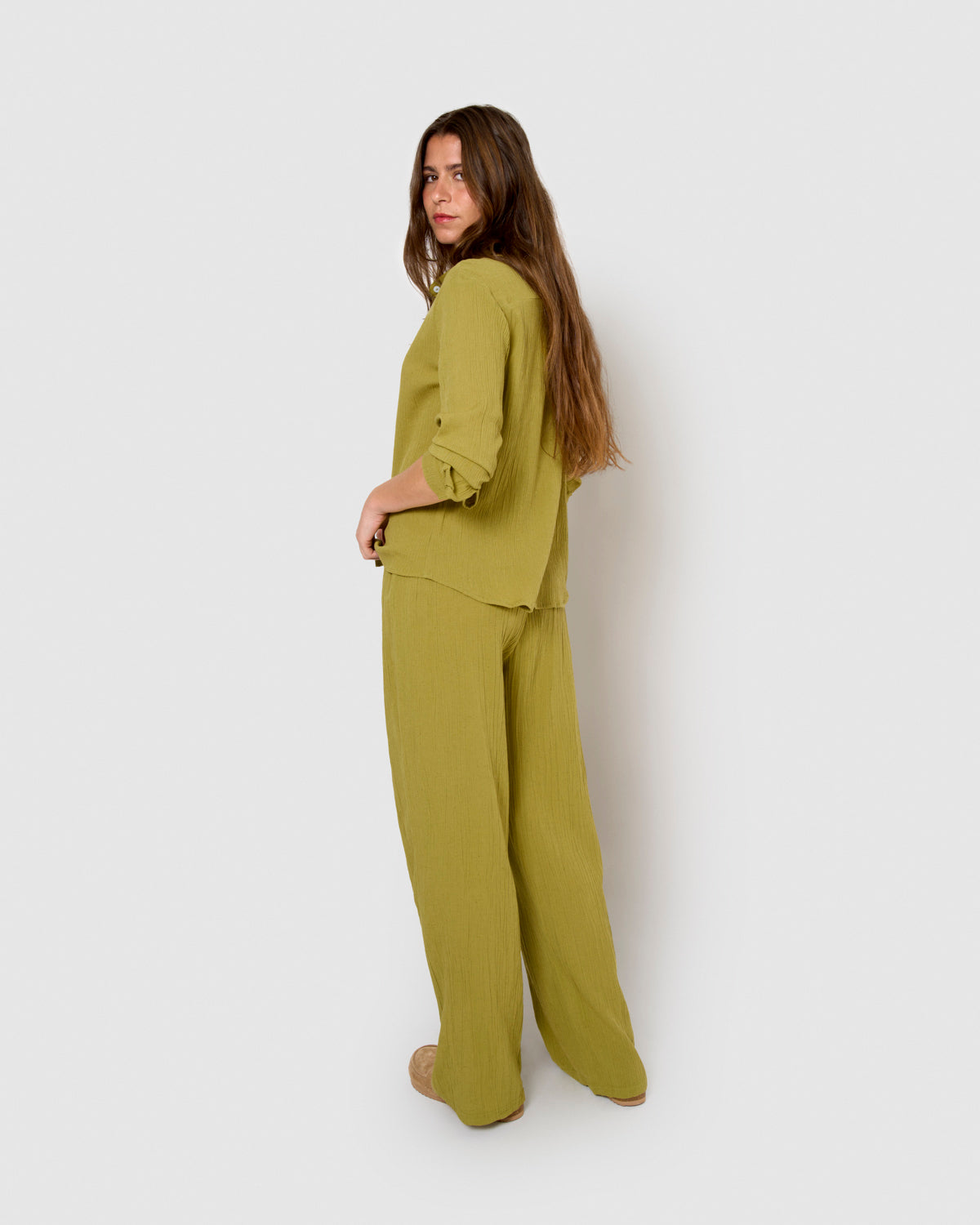 Pantalon en lin et coton vert citron