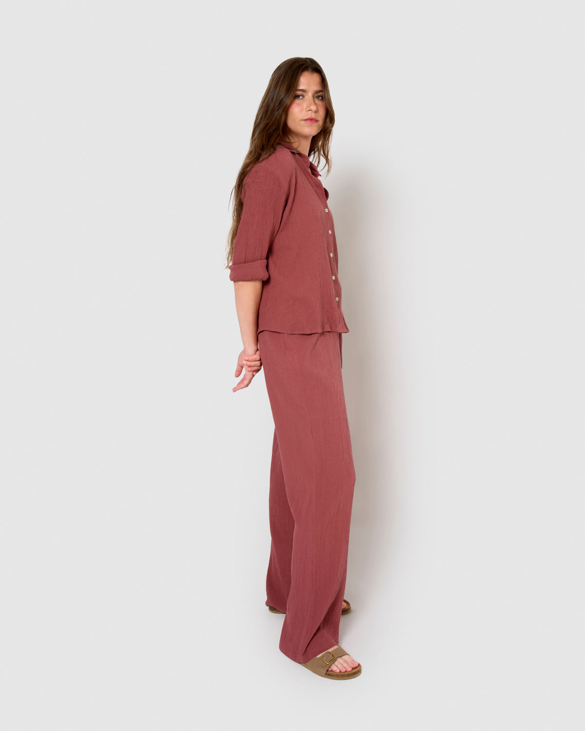 Pantalon en coton et lin mauve/rose