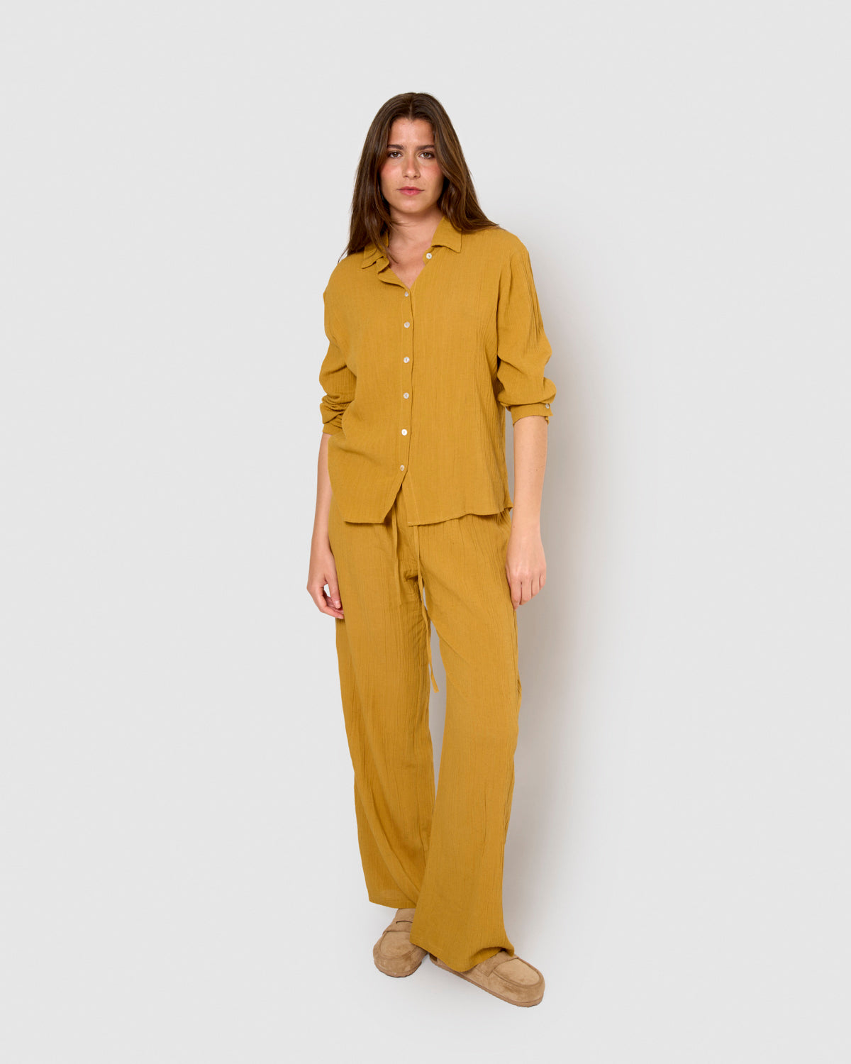 Pantalón algodón lino ocre