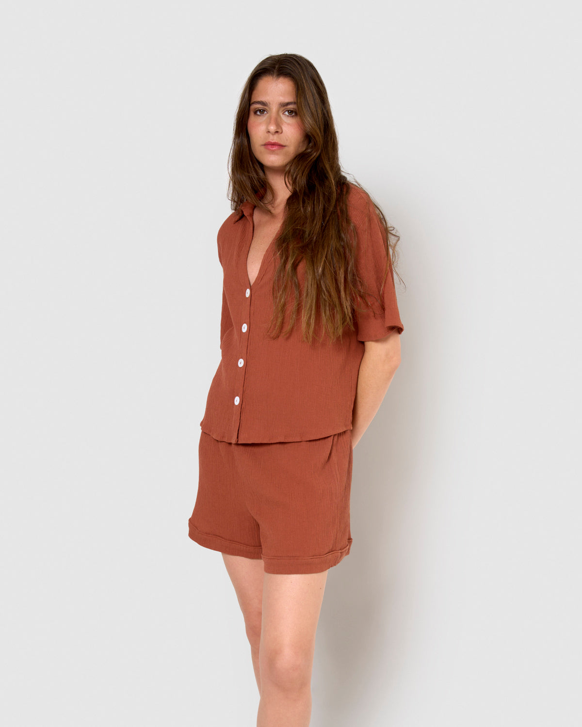 Set de camisa y short de algodón lino rosette