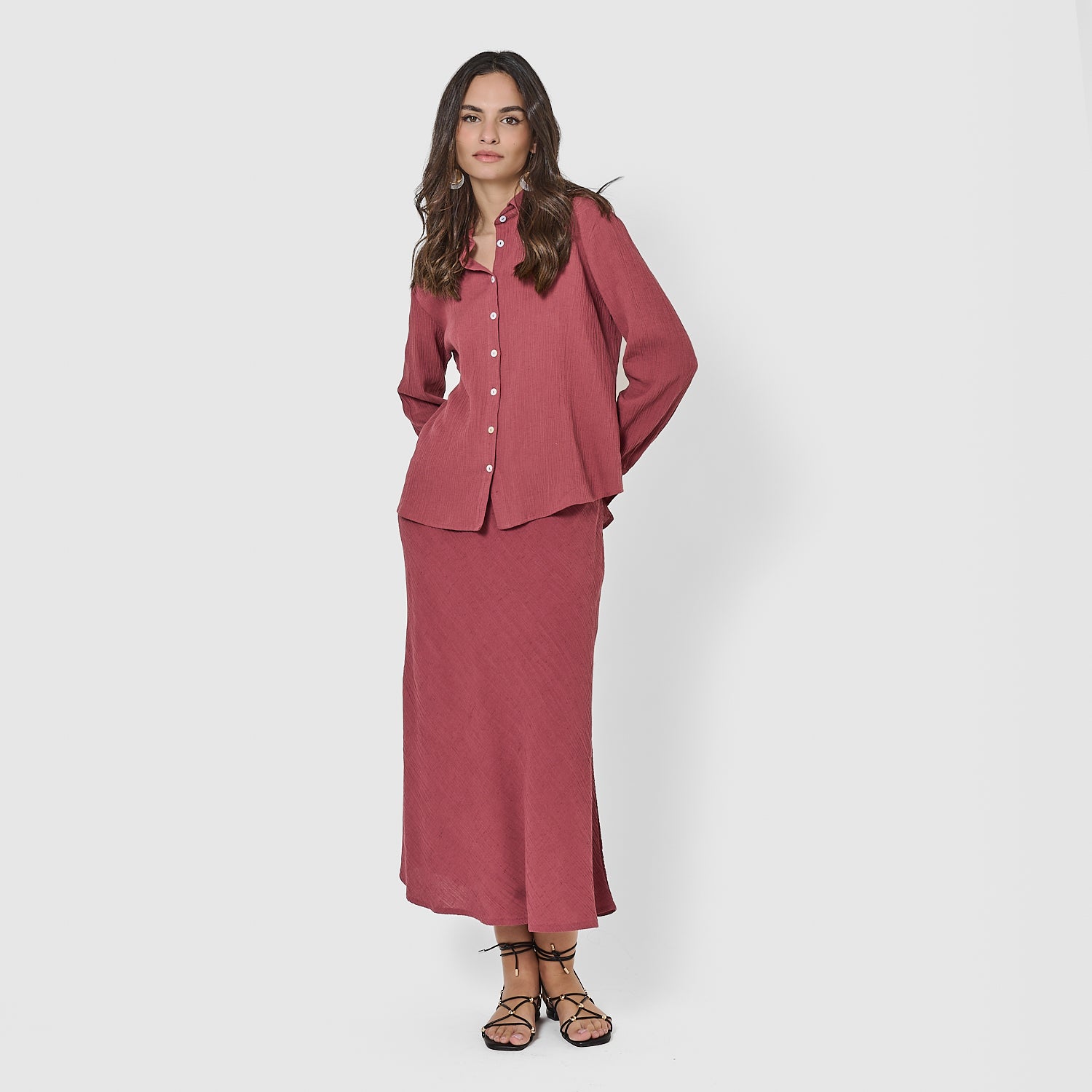 Falda midi evasé de algodón flex malva/rosa