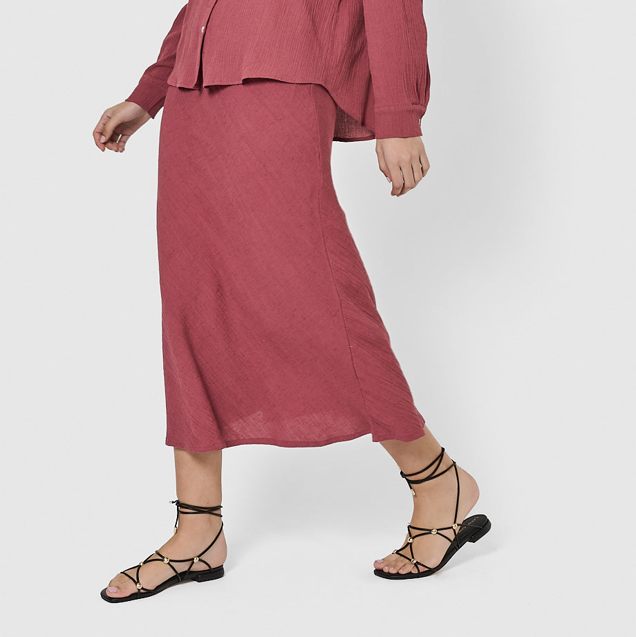 Falda midi evasé de algodón flex malva/rosa