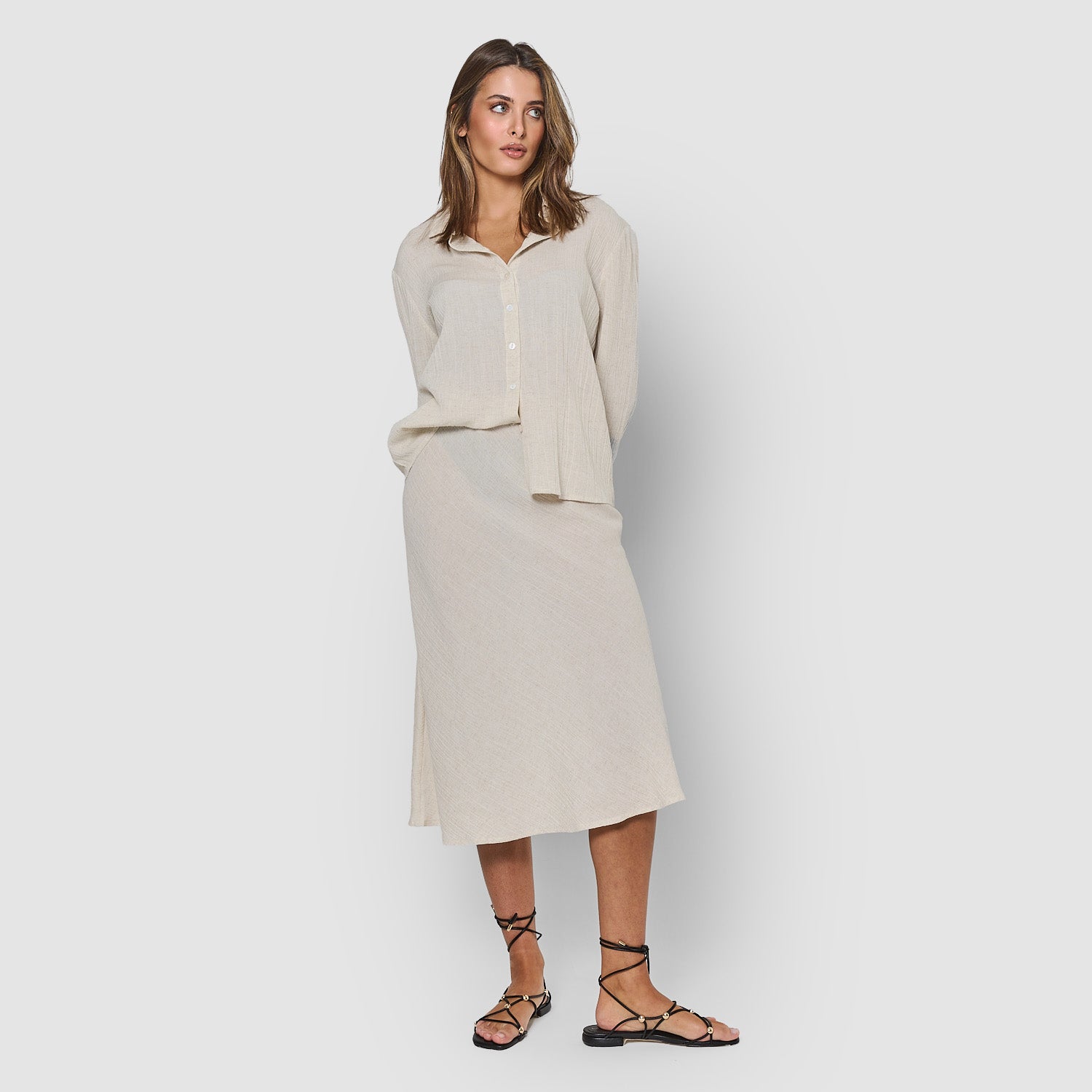 Falda midi evasé de algodón flex natural