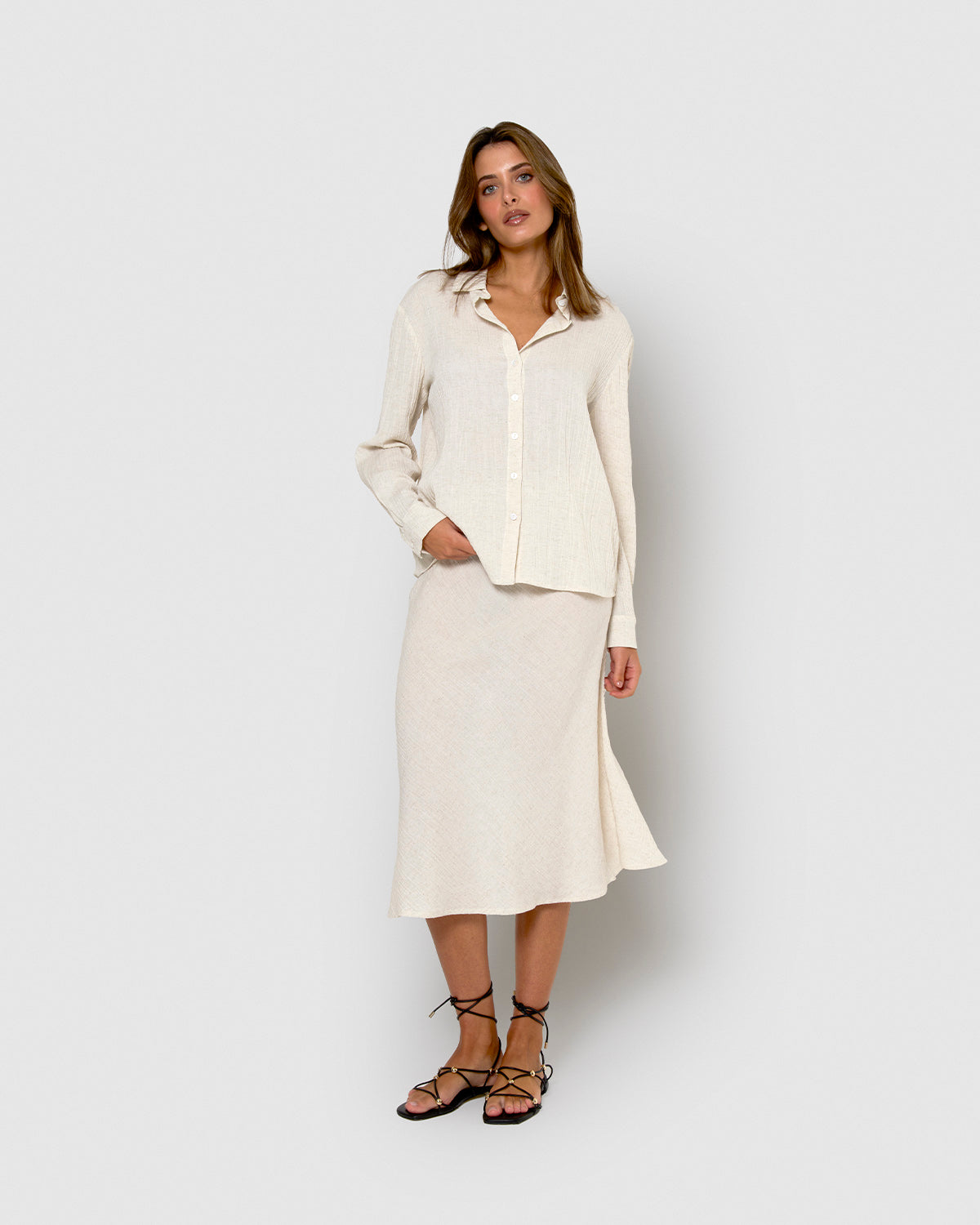 Falda midi evasé algodón lino natural