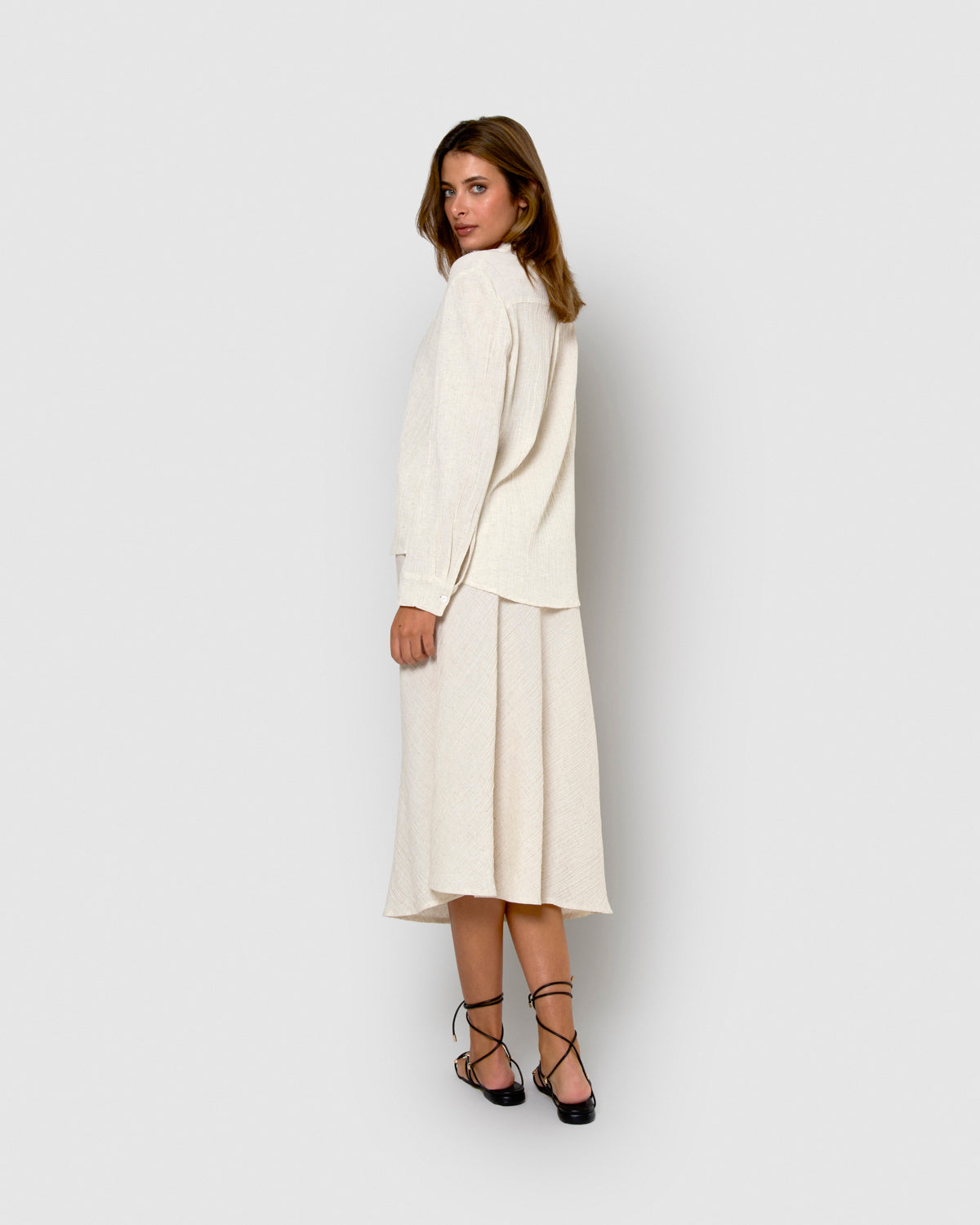 Falda midi evasé algodón lino natural