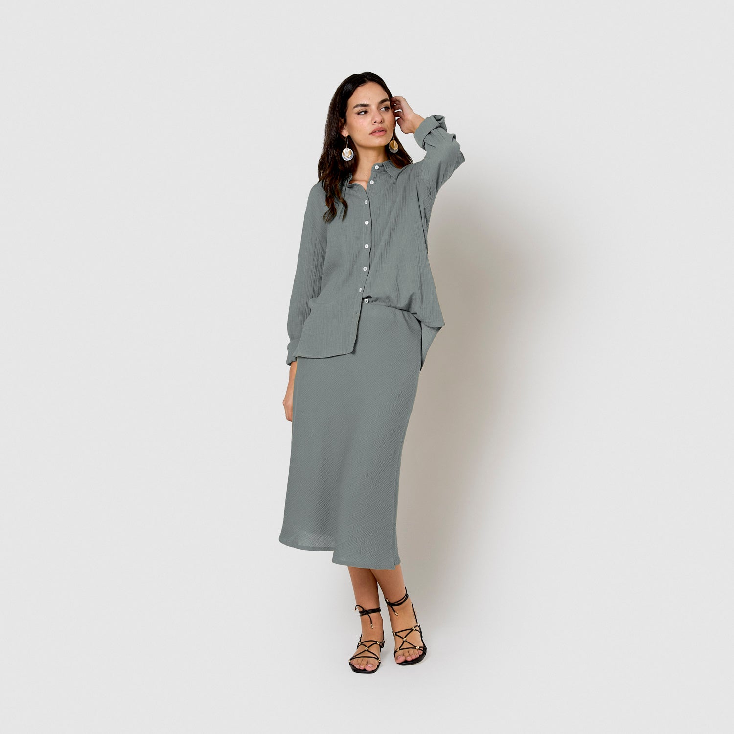 Falda midi evasé algodón lino verde azulado