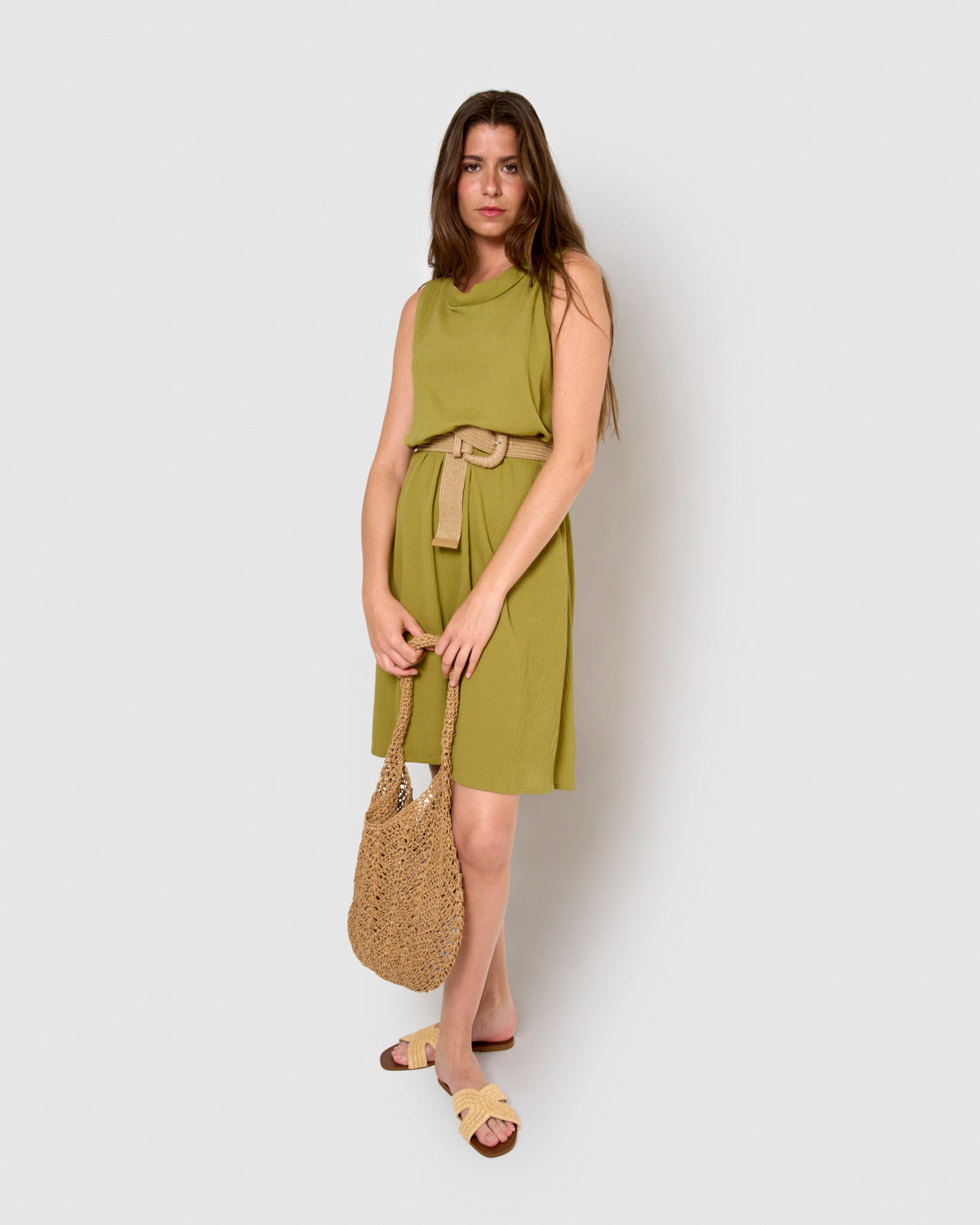 Vestido midi cuello drapeado algodón lino limón