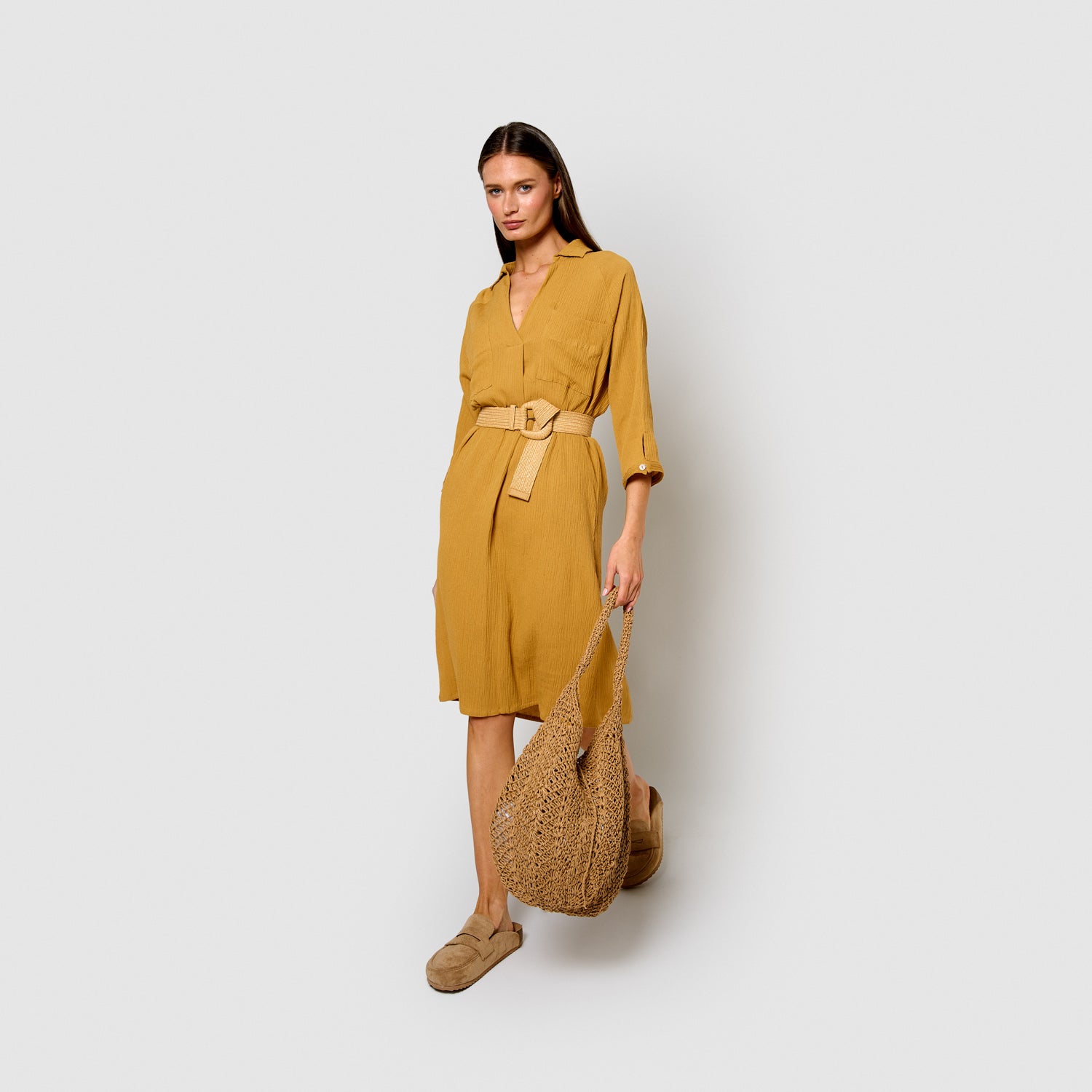 Vestido midi algodón lino ocre