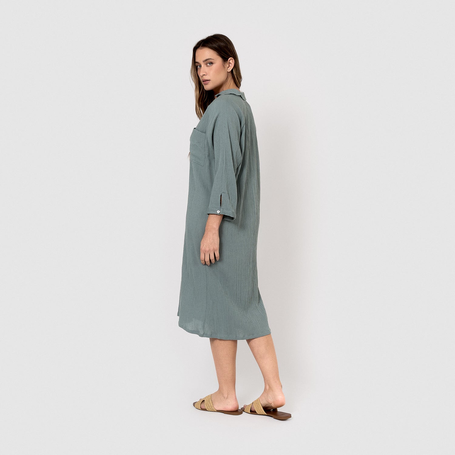 Vestido midi algodón lino verde azulado