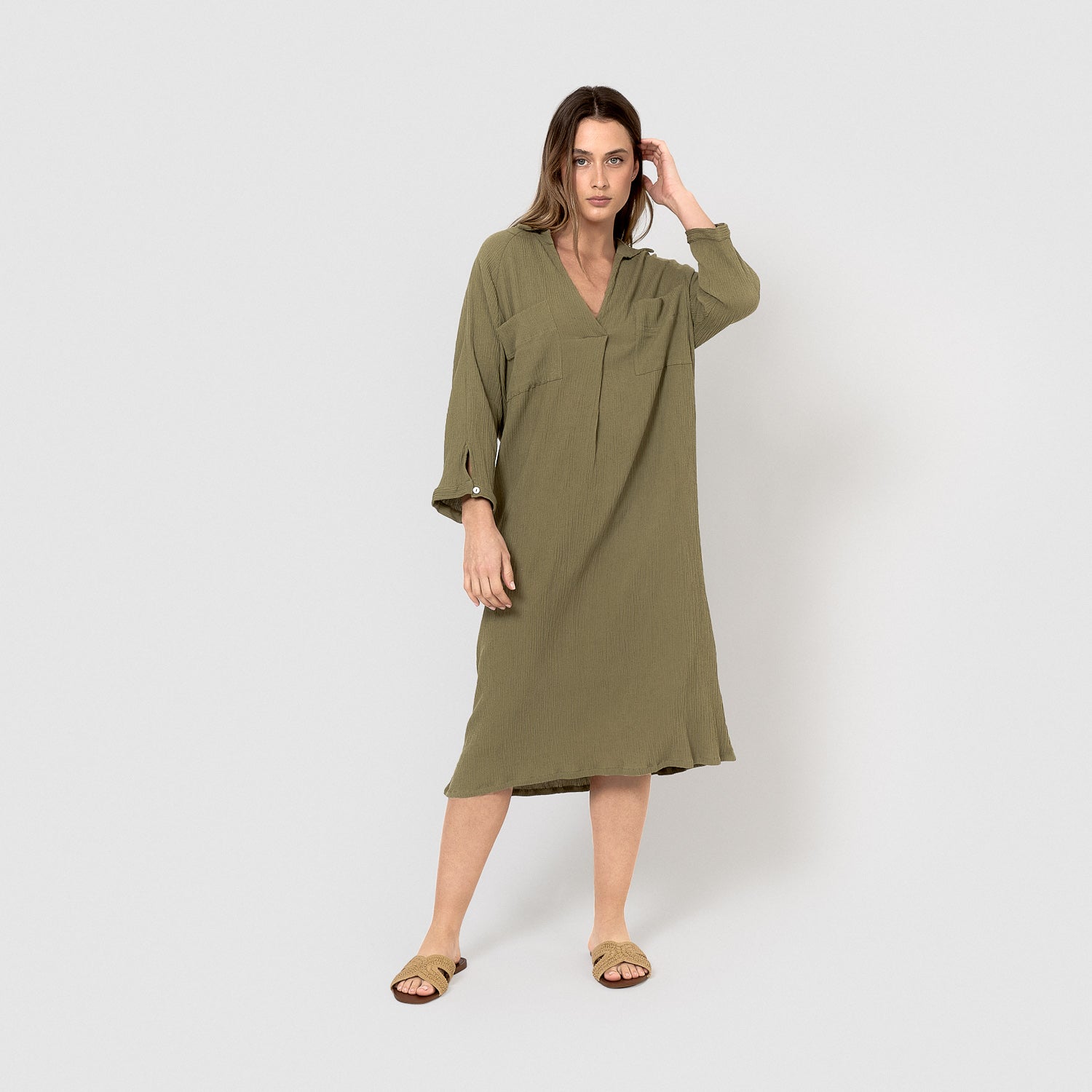 robe midi en coton et lin vert chasse