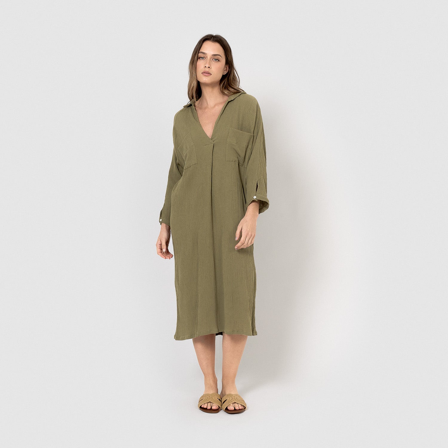 robe midi en coton et lin vert chasse