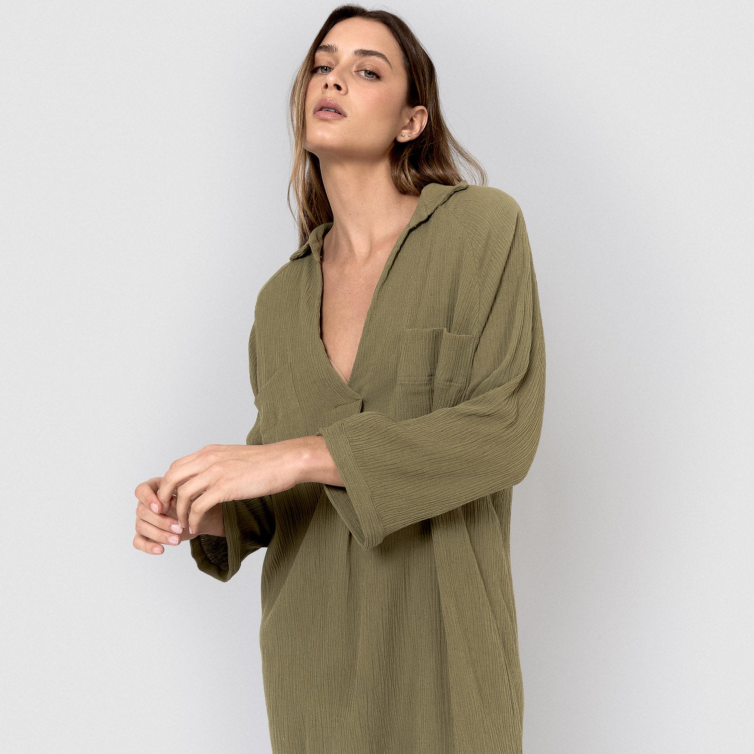 robe midi en coton et lin vert chasse